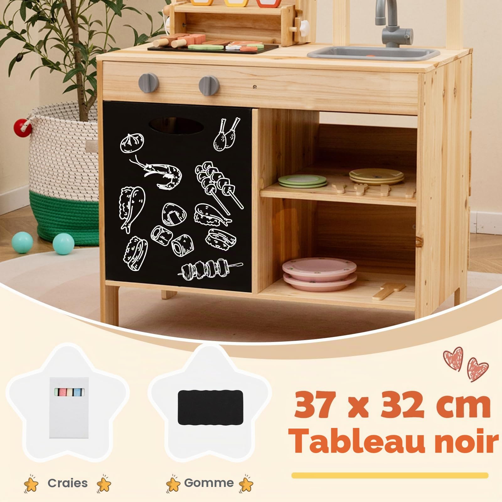HOMASIS Cuisine extérieure pour Enfants avec Barbecue, Table, évier, Cuisine Jouet avec 27 Accessoires, Ensemble Jouet en Bois de Sapin