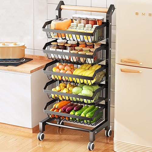 Cestas de cocina apilables de 4 niveles para frutas y verduras con ruedas, soporte para cesta de frutas, cestas de metal para aperitivos, verduras,