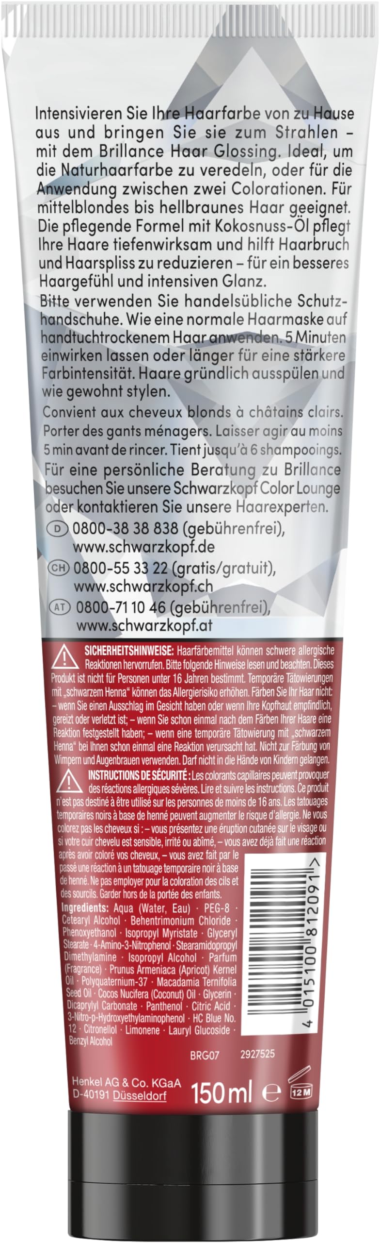 Brillance Glanz-Behandlung, Haar Glossing Kupfer (3x 150 ml), pflegt und intensiviert die Haarfarbe, kann wie eine Haarmaske angewendet werden, hält bis zu 6 Haarwäschen