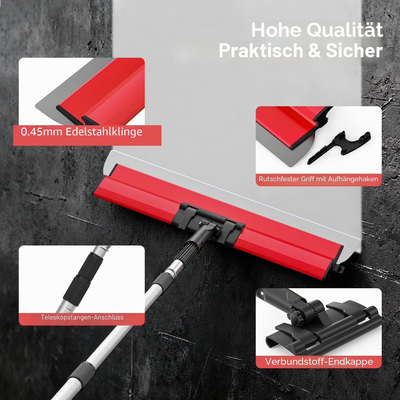 Flächenspachtel Set - Spachtel 25cm, 60cm und 80cm + Verlängerungsgriff 76cm bis 160cm, Baumesser aus Edelstahl (Rotes Set)