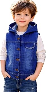 سترة جينز بقبعة للأولاد، أزرق، بدون أكمام، بأزرار، كاجوال