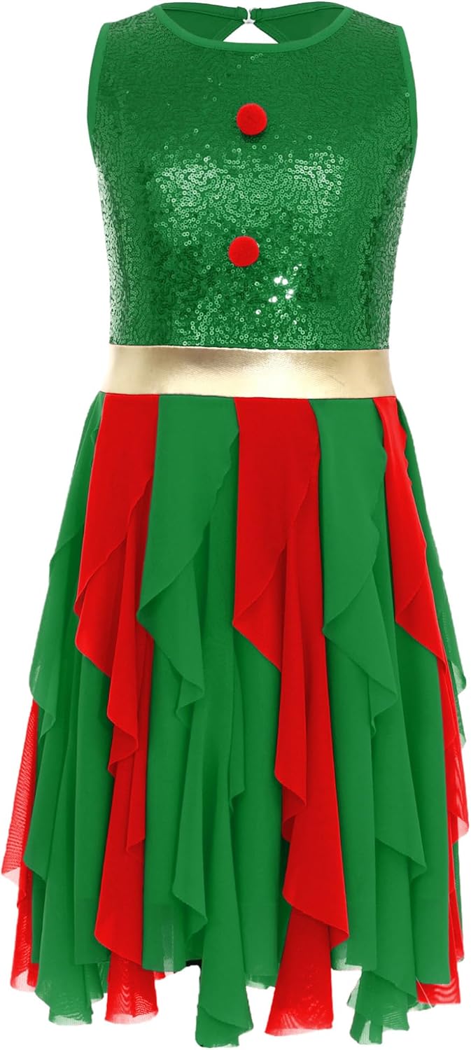 Hansber Kids Girls Christmas Santa Claus Shiny Sequin Dance Tulle Dress Sleeveless Leotard Dress for Xmas Party