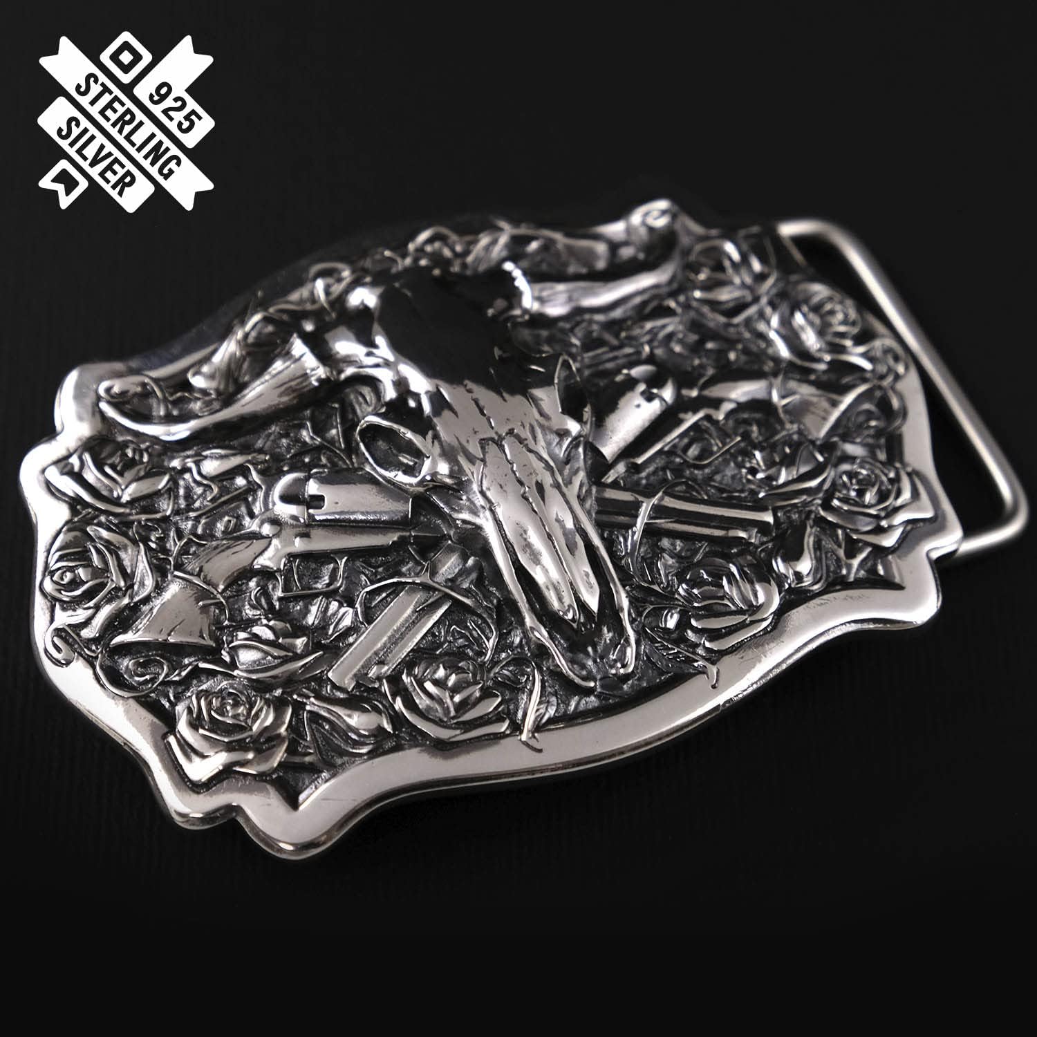925 Sterling Silver Belt buckle Buffalo Skull, Longhorn Cattle Buffalo Skull Tribal Native American Cowboy Westside belt