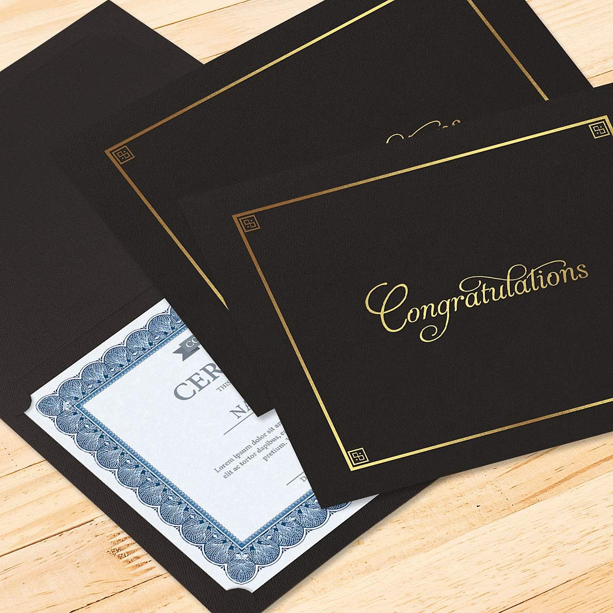 Congratulations Black & Gold Certificate Folders - Pack of 25, Linen Cover 80 lb. Stock, Folded, Die-Cut Corners, for Office, Business Awards, Graduation, School Diploma Holder, 9-1/2" x 12"