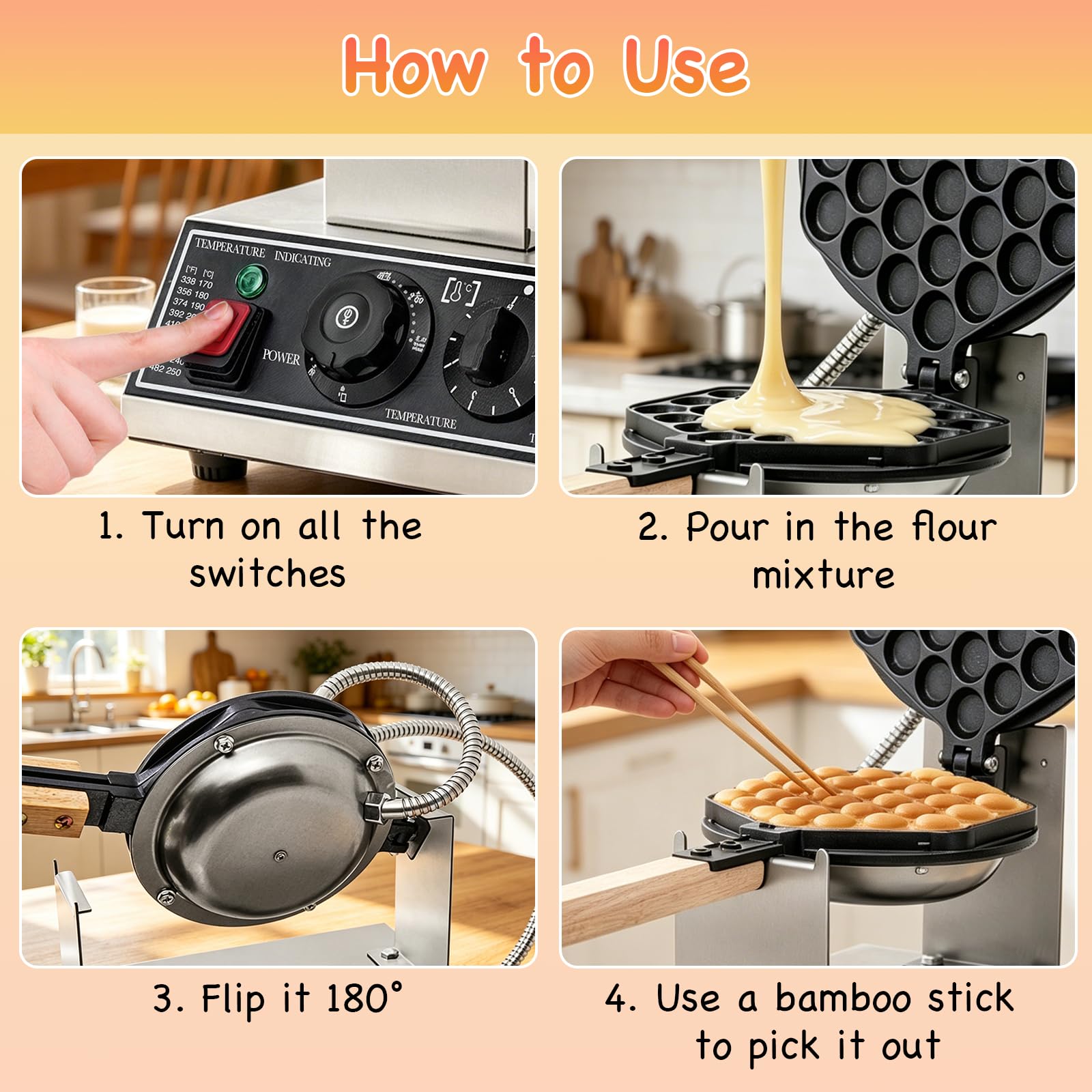 Gofrera Bubble Waffle Maker con función giratoria de 180°, control de temperatura de 50 a 250 °C y temporizador de 0 a 5 minutos, antiadherente, máquina de gofres de huevos de Hong Kong para cafetería