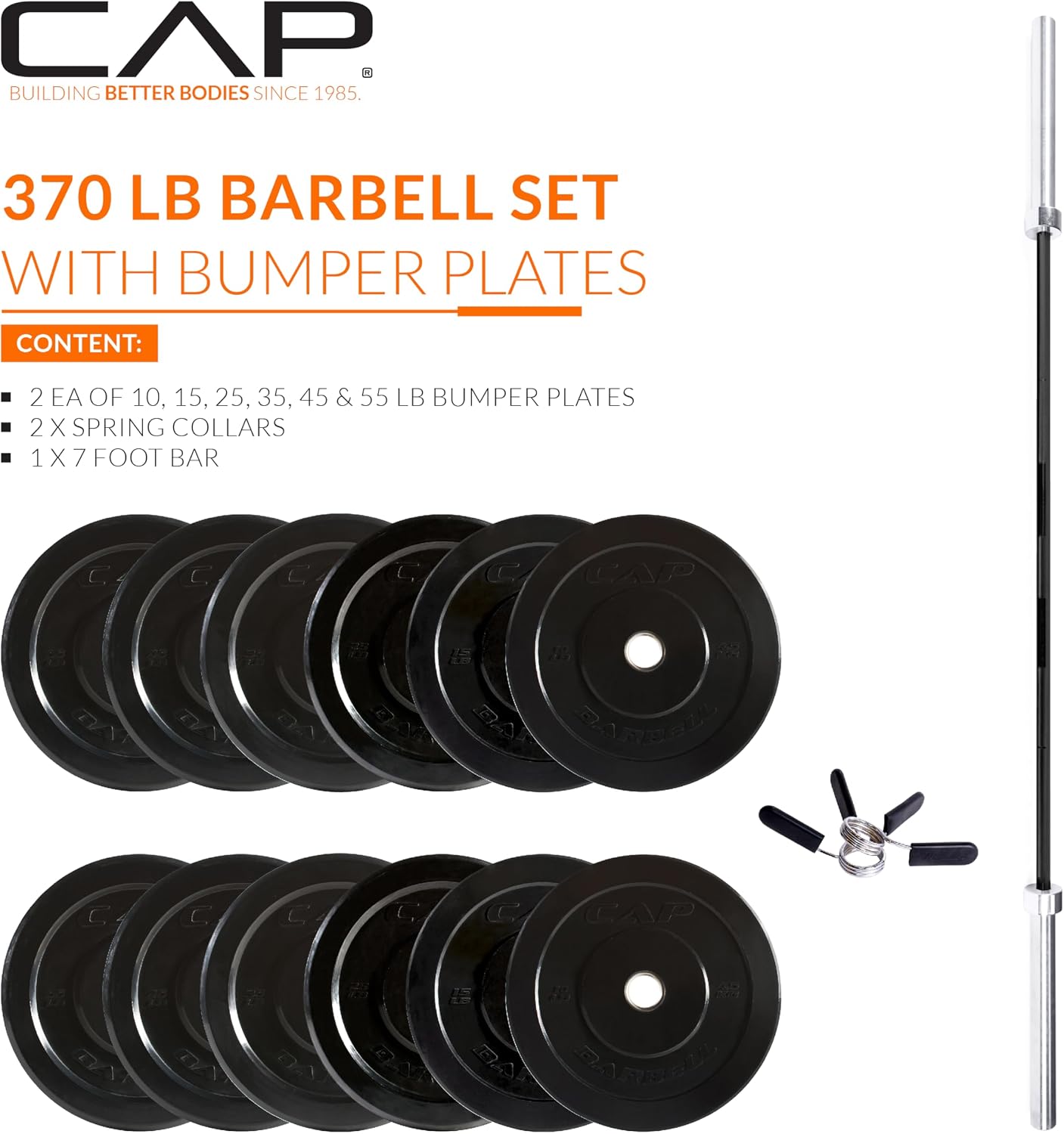 CAP Barbell Olympic Weight Set with 7ft Barbell & Bumper Plates | 160-370 lbs | Multiple Options