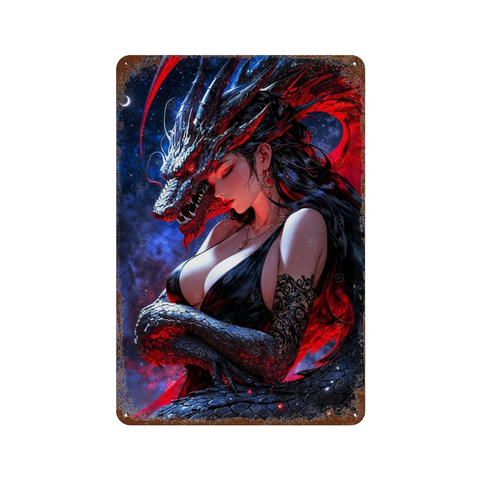 Dragon Woman Vintage Wall Sign 11.8"x7.9", Rust Effect Metal Decor for Garage, Bar And Workshop Decor