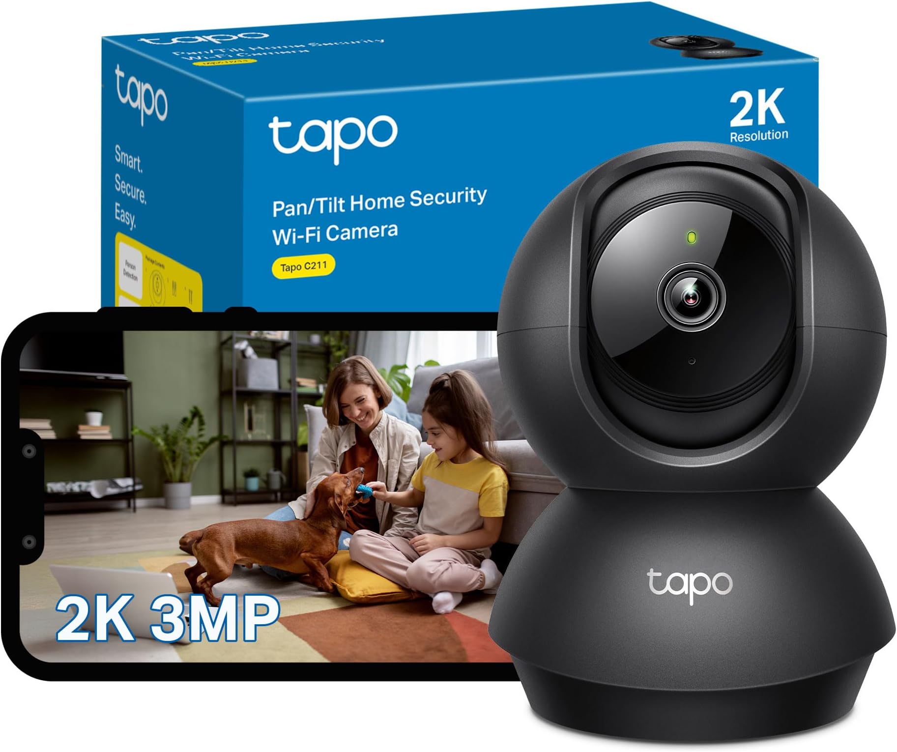 Tapo 2K Pan/Tilt Home Security Wi-Fi Camera, 360° horizontal and 114° vertical range, Baby Cry Detection, 2way audio, Cloud & SD Card Storage up to 512G, work with Amazon Alexa & Google (Tapo C211)
