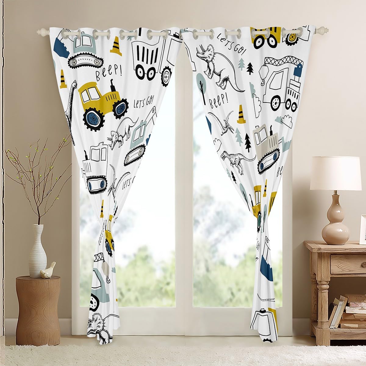 Loussiesd Construction Curtains Kids Cartoon Car Excavator Tractor Toddler Curtains Equipment Trucks Dinosaur Darkening Drapes Construction Vehicles White Yellow Window Treatments W46*L72 - Image 4