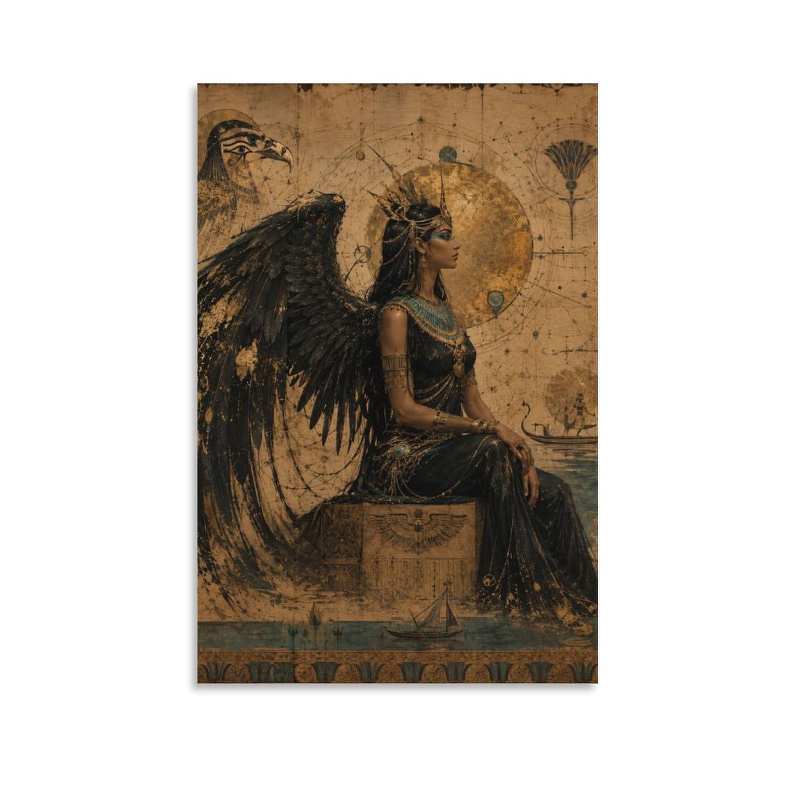 W7C8U2X3 Egyptian Winged Goddess Seated Canvas Wall Art, Ancient Egyptian