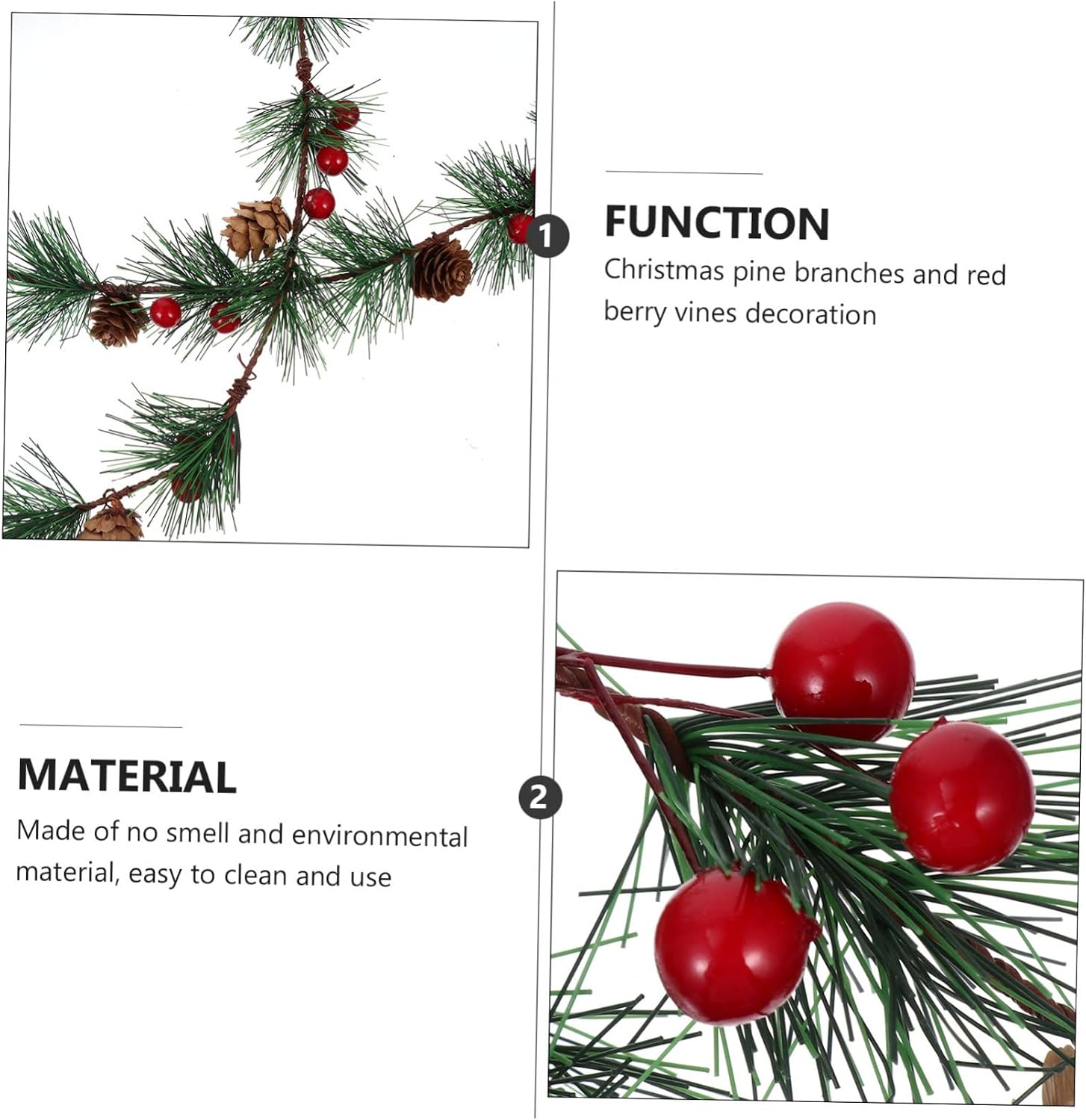 PRETYZOOM 2pcs Xmas Hanging Artificial Pine Branch Garland Red Berries Pine Cones Rattan Holiday Decor for Tree Mantelpiece Staircase Wreath Decoration