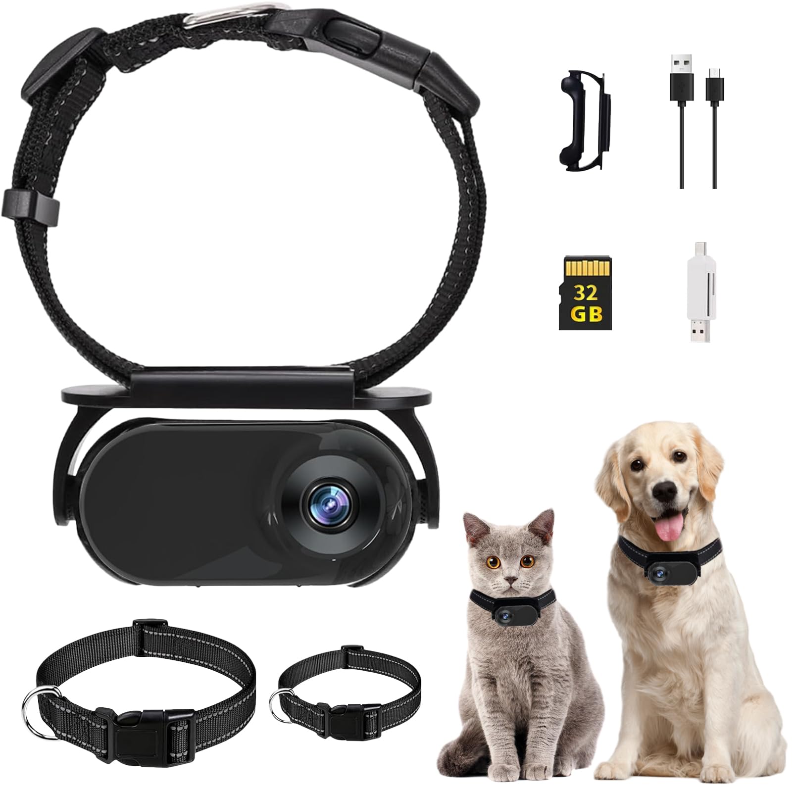 Collar para mascotas, cámara HD 1080P para gatos, con tarjeta SD de 32 GB, grabación de vídeo, cámara deportiva magnética ajustable para actividades al aire libre/interior (negro)