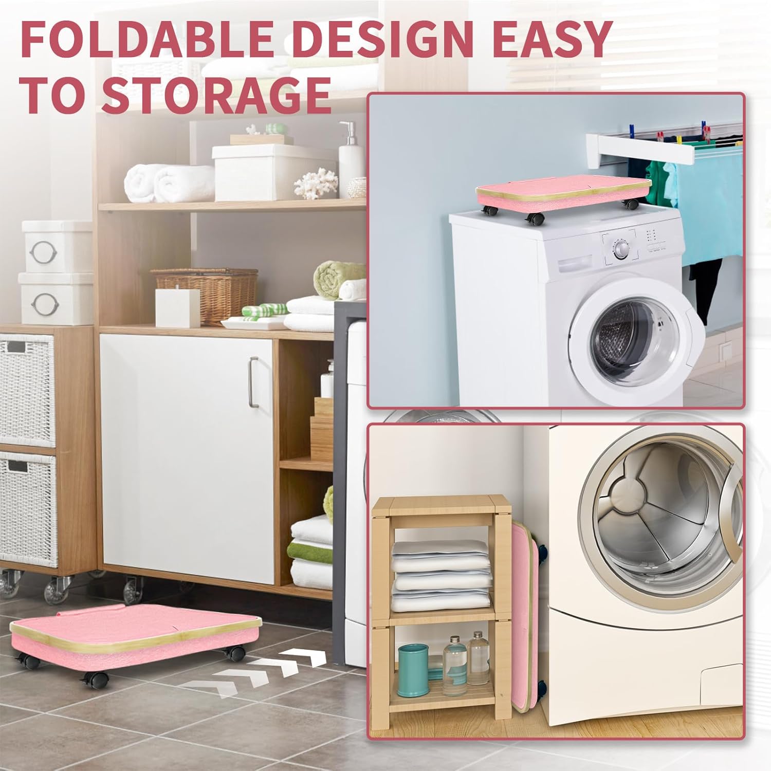 Pink Hamper with Wheels - 100L Large Laundry Hamper with Lid, Rolling Hamper on Wheels, Collapsible Laundry Basket with Removable Mesh Bag and Bamboo Handle for Easy Carrying