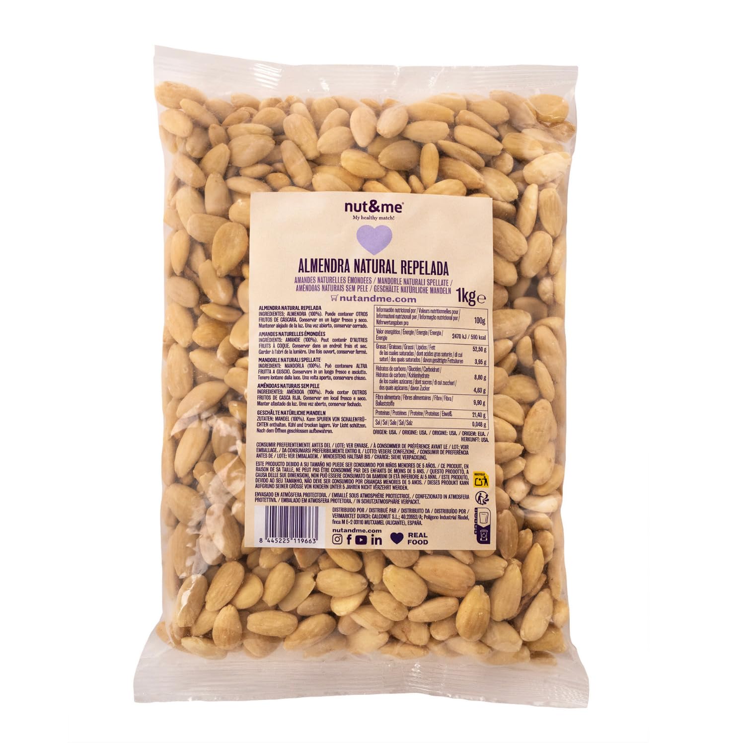 nut&me Blanchierte ganze Mandeln 1 kg | Gentechnikfrei | Roh und nicht pasteurisiert | Ungesalzen | Keto | Paleo | Koscher | Bulk, |Reich an Proteinen, Ballaststoffen