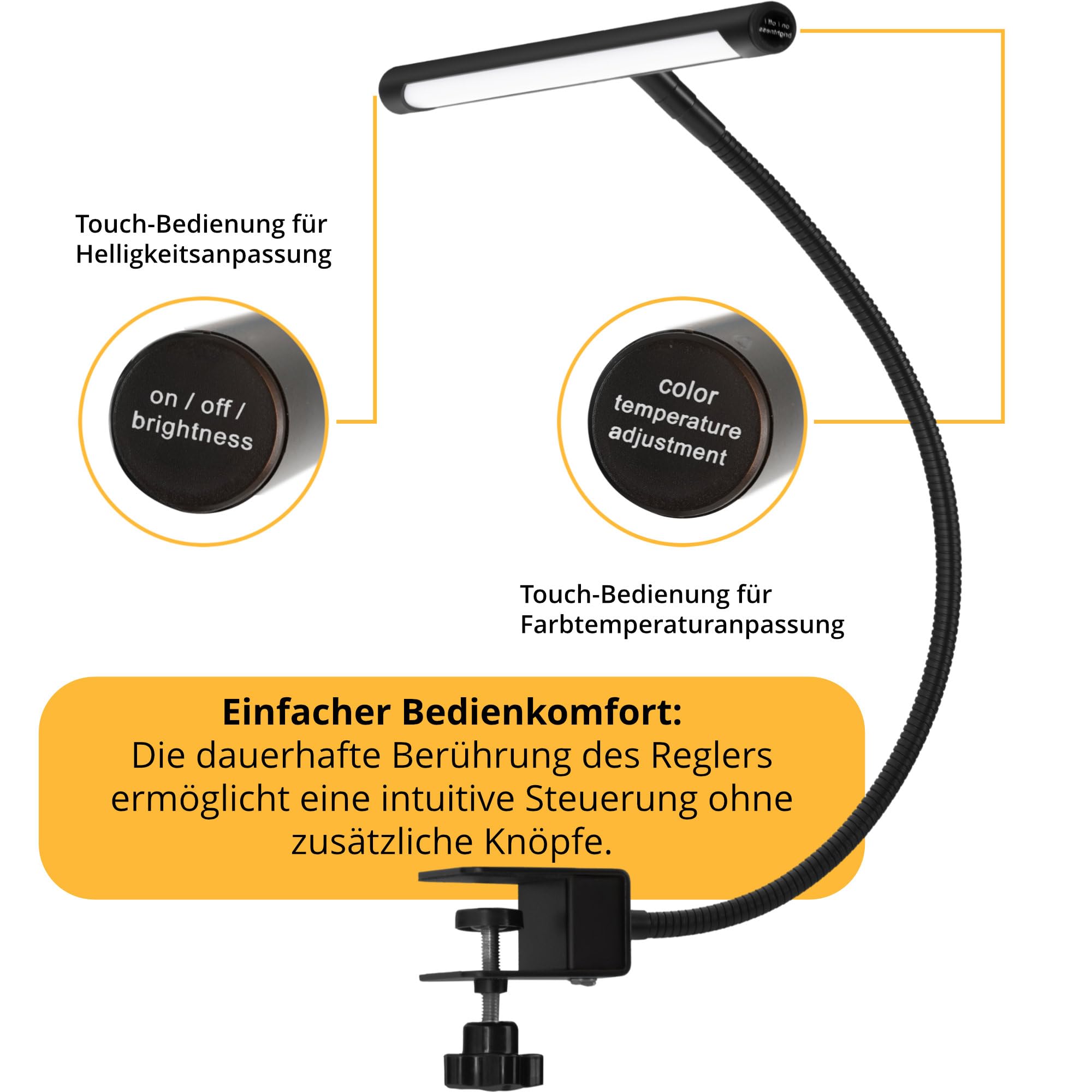 Classic Cantabile SM Orchesterleuchte für Notenpult - Dimmbare Klemmlampe LED mit Memory-Funktion - Tischlampe mit Schwanenhals - Warm-weißes Licht, 78 LEDs - Notenpultleuchte - Klavierlampe Schwarz
