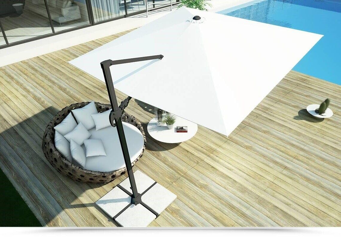 Megashopitalia Ombrellone da Giardino 3X3 MT Ecrù Base Decentrata Alluminio Telo Poliestere 250gr Impermeabile e Rotazione 360 gradi Piscina Giardino Terrazzo Bar Ristorante