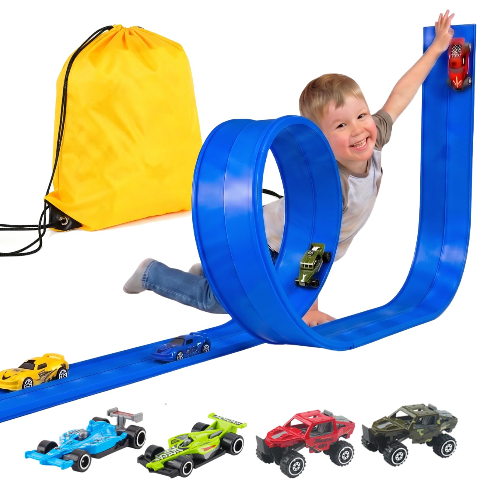 Autorennbahn Flexible Rennstrecke mit 4 Autos & Tragtasche – Soft Rennbahn Spielzeug für Kinder ab 3 4 5 6 Jahre, Rollt Auf Tragbare Autobahn Geschenk für Indoor/Outdoor, Blau