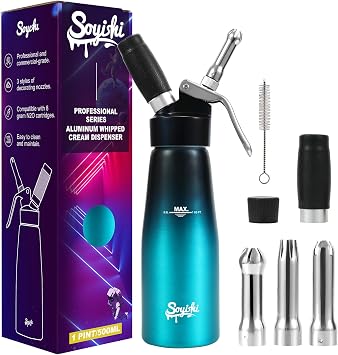 Whipped Cream Dispenser Aluminum Cream Whipper Durable Whip Cream Canister Large 500ml Whipping Maker with 3 STAINLESS STEEL Decorating Nozzles & Cleaning Brush Blue