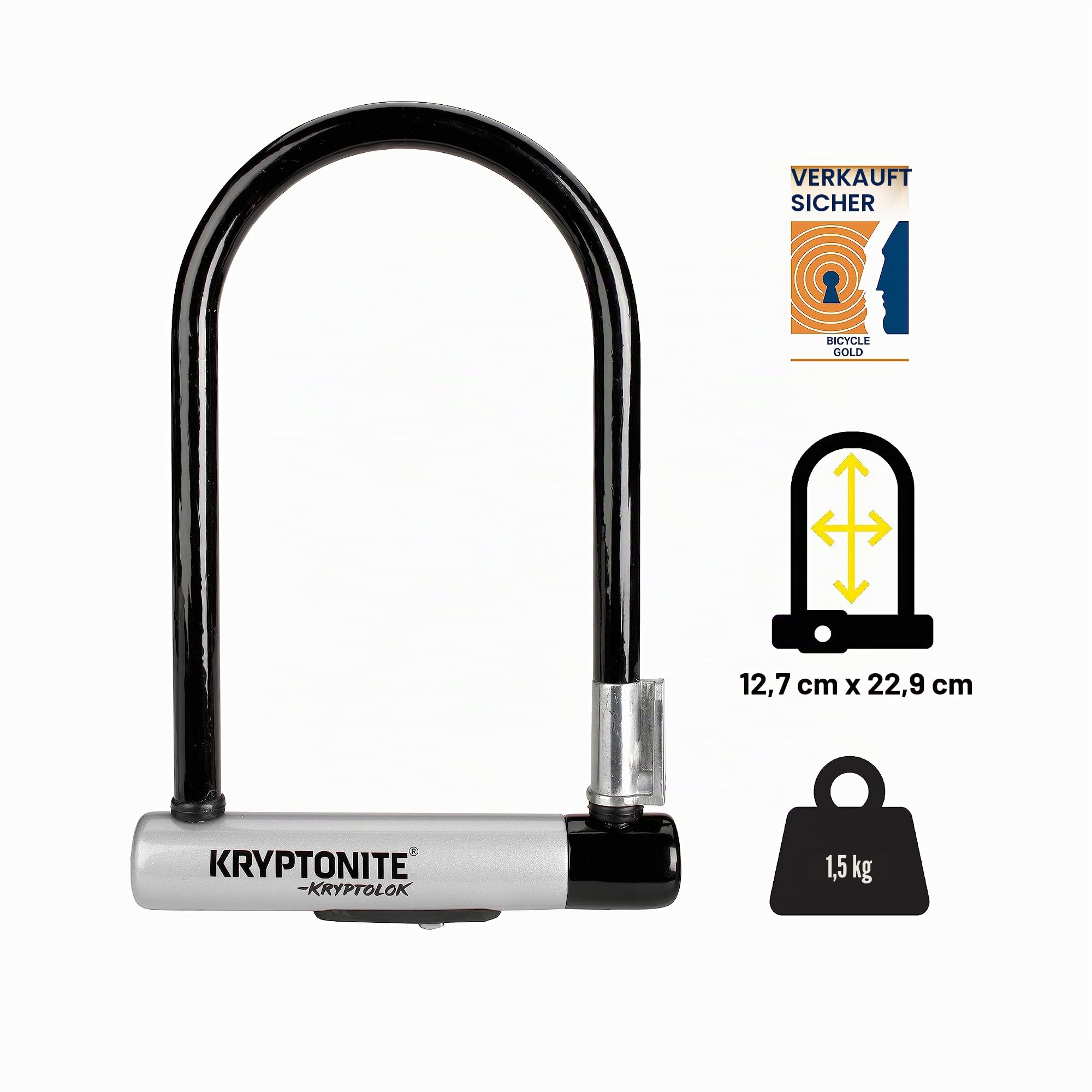 Kryptonite Kryptolok ATB Bügelschloss aus gehärtetem Stahl mit Flexframe-Halterung, extra breiter Bügel, Sicherheitslevel 6/10, für Fahrräder und E-Bikes, 1,45 kg, 12,7 x 22,9 cm