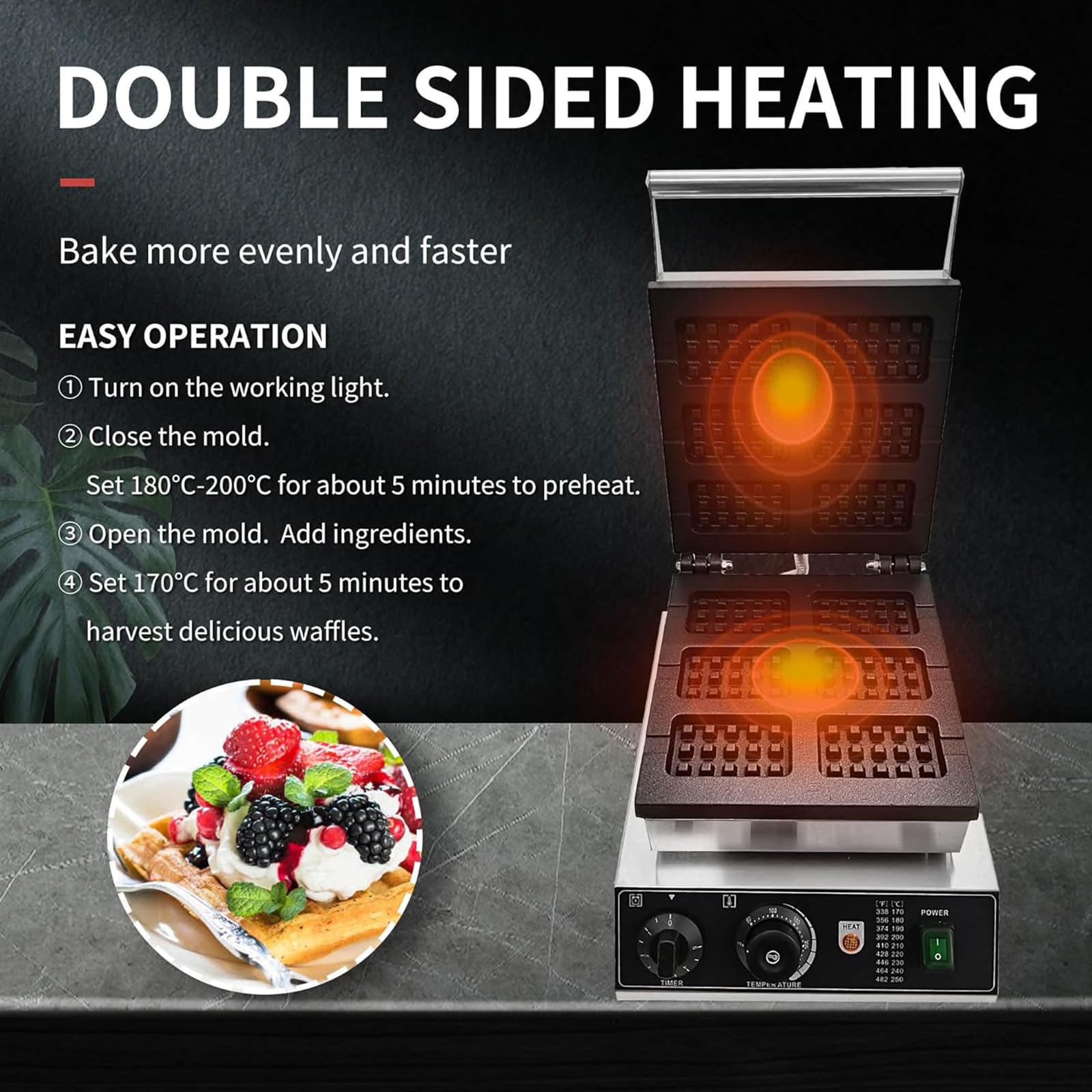 Máquina para Hacer Gofres Comercial, 1750 W 6 Piezas Gofres Belgas Antiadherente con Control De Temperatura y Tiempo, Eléctrica Waffle Maker para Restaurante,Hotel,Fiesta,Cafeterías