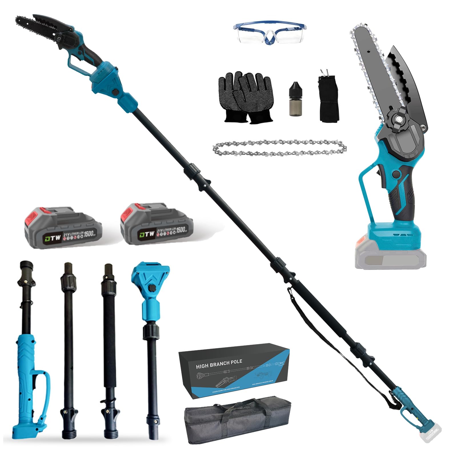 Sierra de podar con batería, sierra de podar profesional, compatible con Makita 18 V con batería de 2 x 2,0 Ah, sierra de podar de 6 pulgadas 2 en 1 con mango telescópico y podadora eléctrica