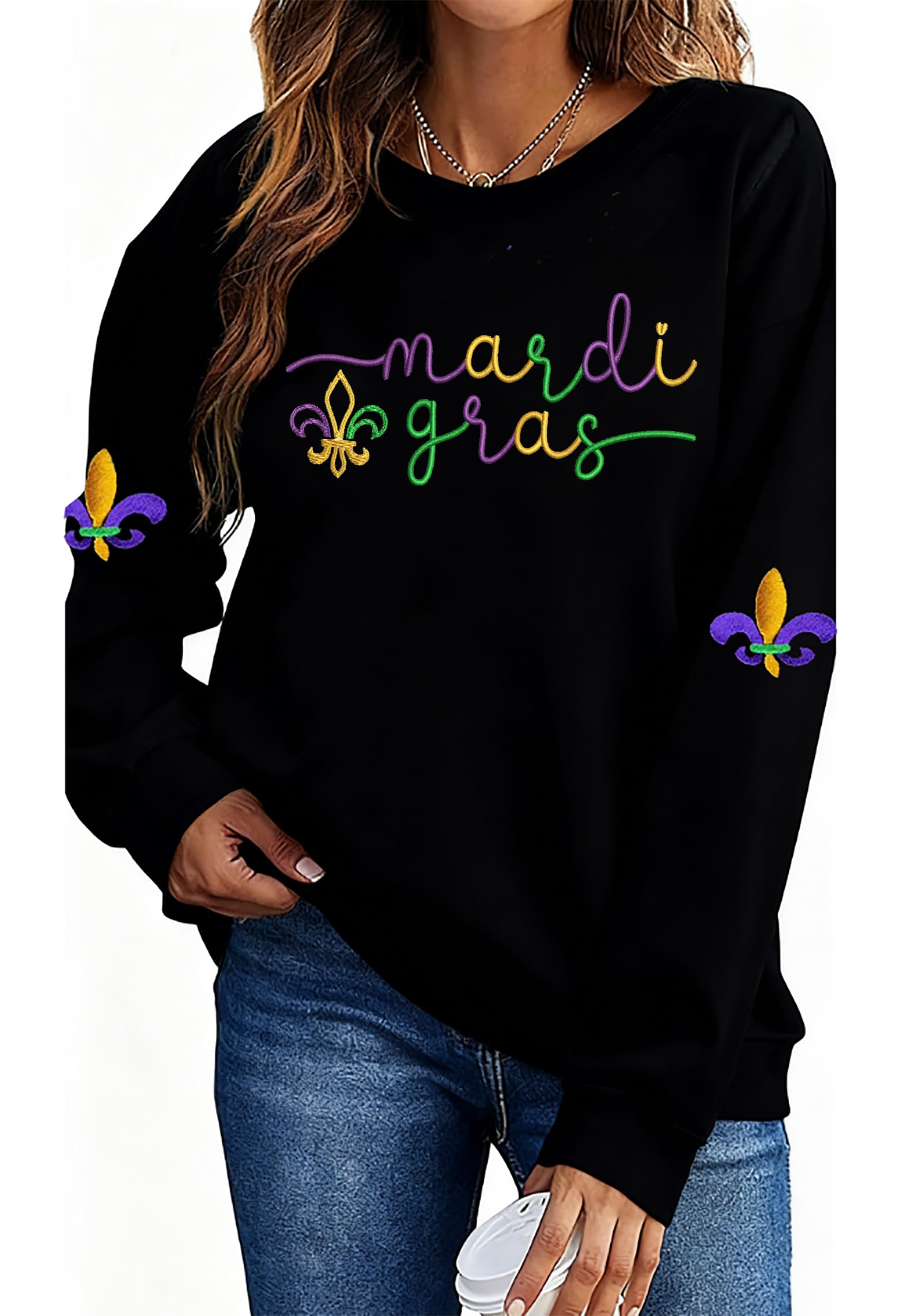 llhxrui Embroidery Sweatshirt for Women-Fat Tuesday Long Sleeve T Shirt Carnival Party Pullovers Tops-picture-31