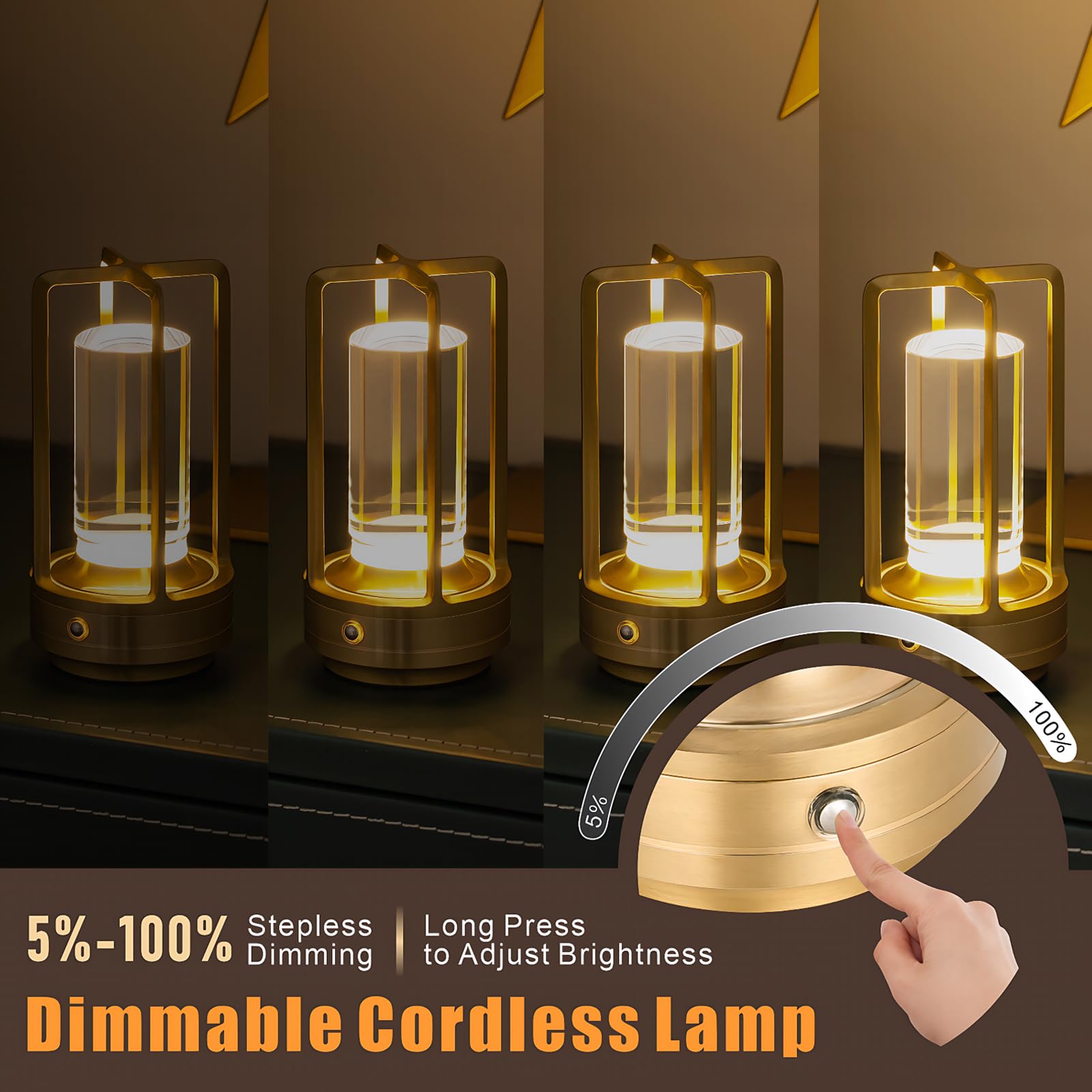 Lámpara de mesa recargable inalámbrica, 3 colores, cristal, atenuación continua, para dormitorio, cafetería, campamento, bar, mesa de comedor, restaurante, dorado (paquete de 2) 4