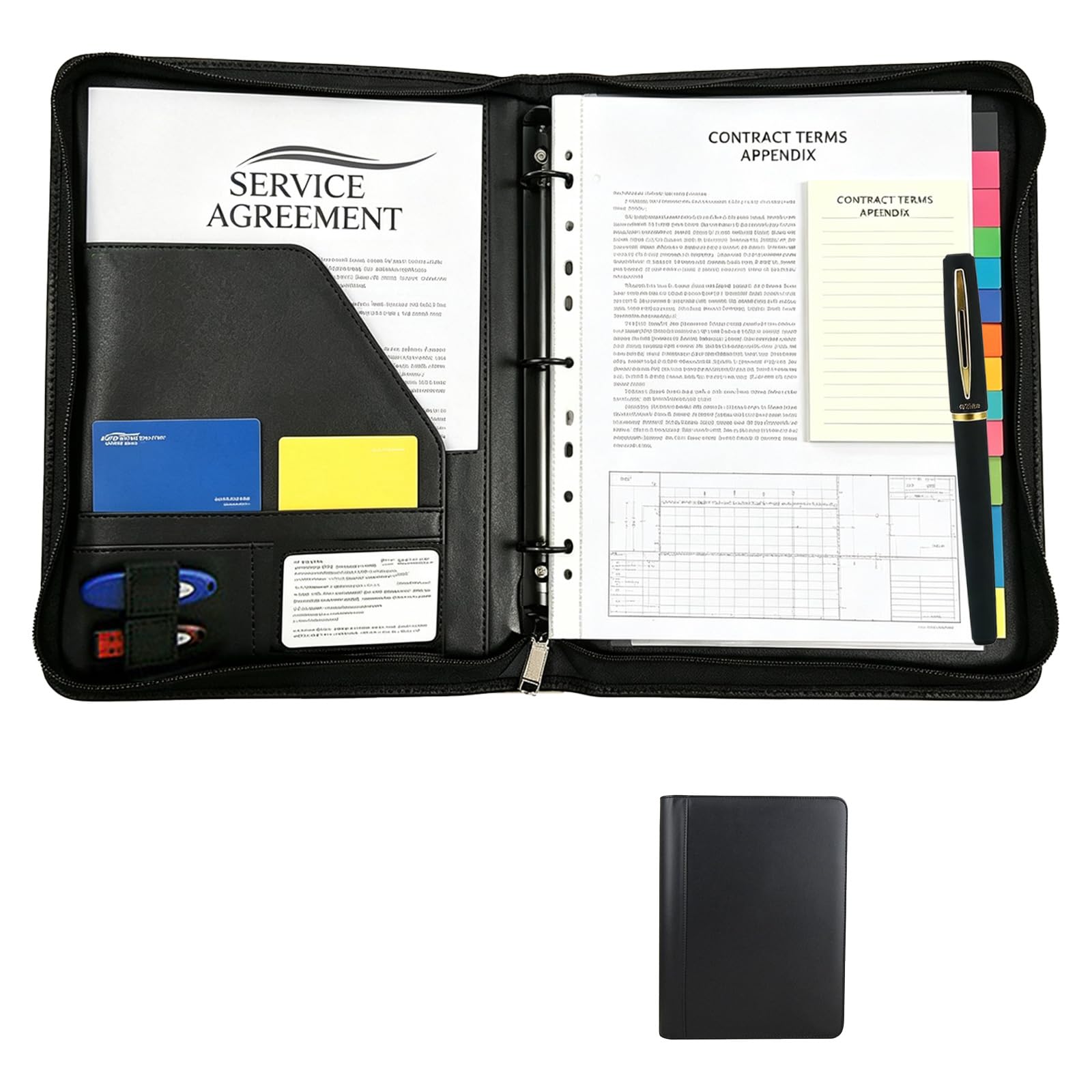 Zippered Portfolio Folder with Ring Binder, PU Leather Document Folder with Plastic Sleeves and Notepad, A4 Professional Conference Folder Padfolio with Black Pen for Business Interview Meeting