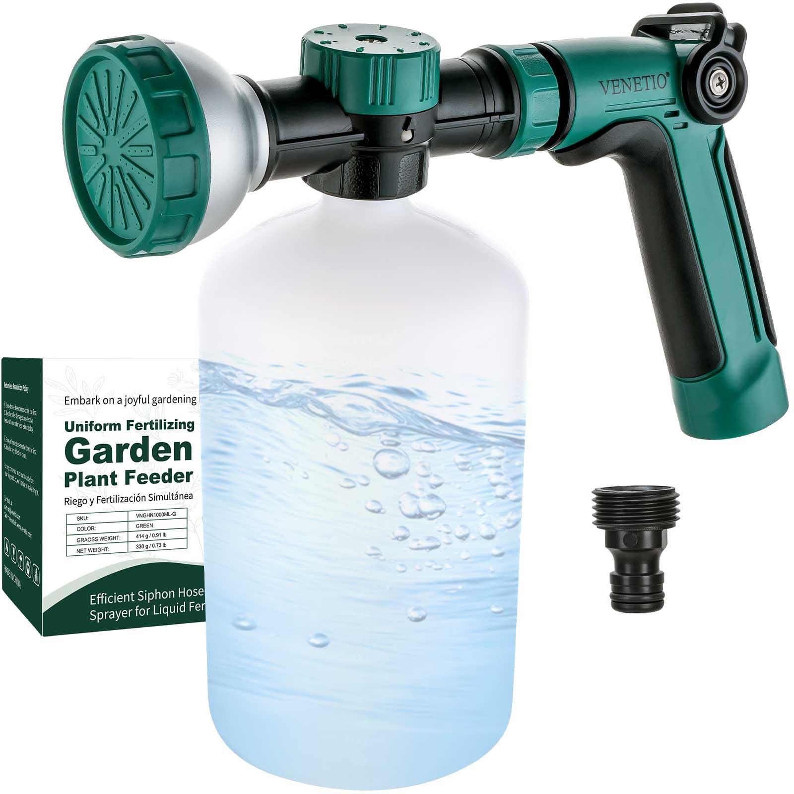 Venetio Green 8-Dial Hose Attachment Spray Gun For Liquid Fertilizer/Soap | Precision Lawn, Yard & Garden Feeder For Uniform Fertilizing And Watering Plants | Hose-End Sprayer Nozzle With 1000Ml Bottle