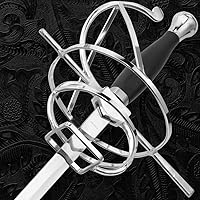 Vista 6 de Espada de estoque de duelo plateado, hoja de acero inoxidable de 36.5 pulgadas, ABS y mango de metal, protector de cesta, reproducción histórica