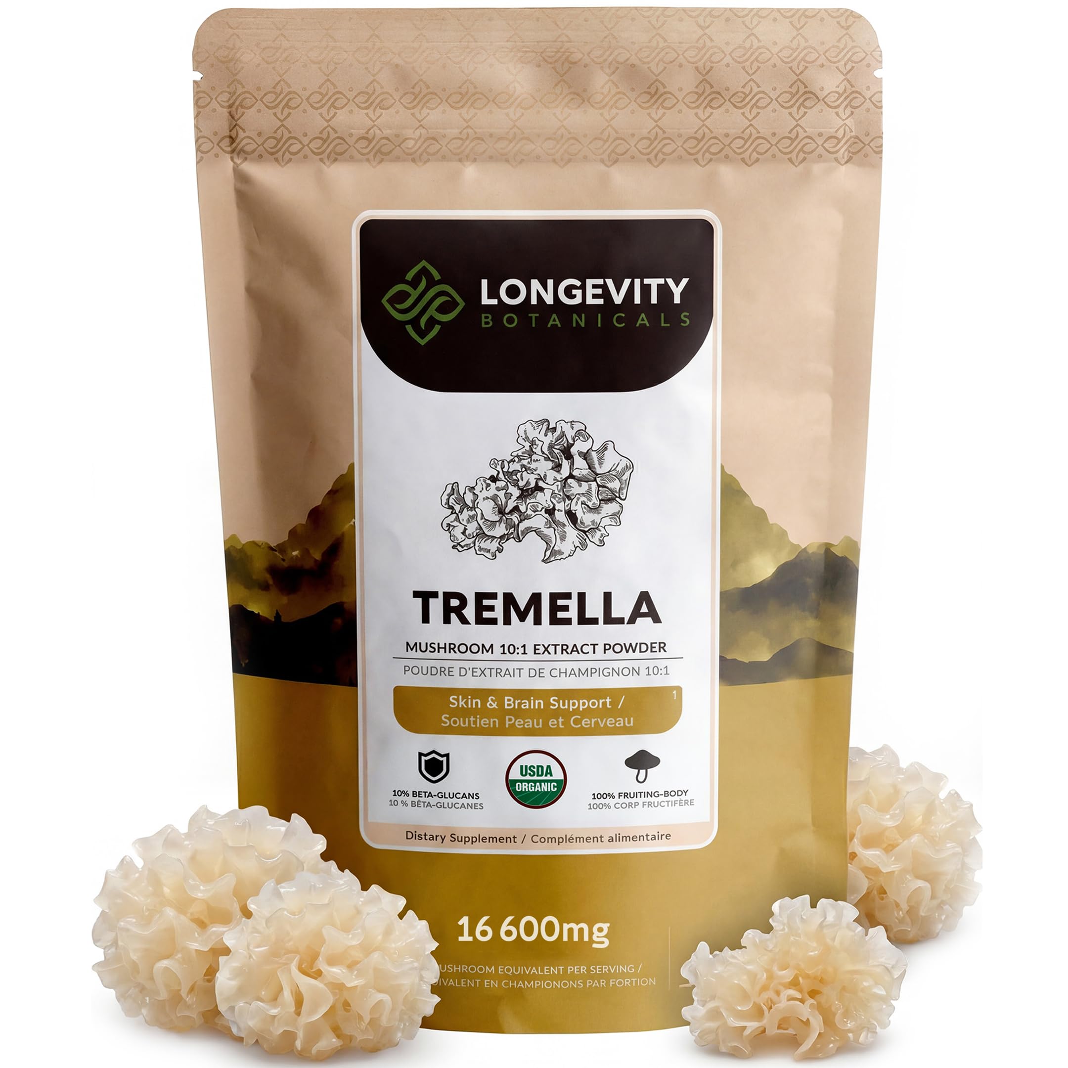 Organic Tremella Mushroom Powder Supplement 100g | Pure Fruiting Body 10:1 High Strength Snow Fungus Extract | 10% Beta-D Glucans | 16,600mg Raw Equivalent Per Serving | Skin Hydration & Brain Support