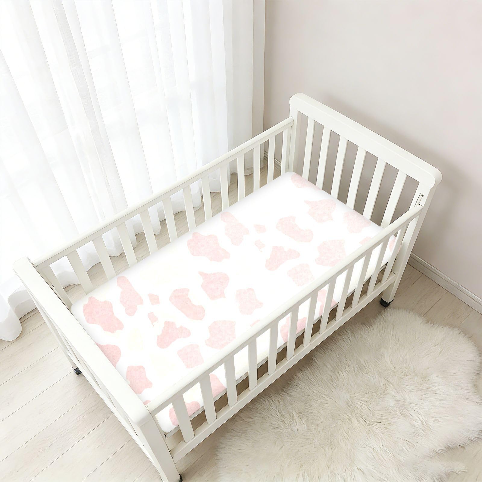 Sábanas abstractas de algodón para cuna con estampado de piel de vaca, color rosa bebé, para bebés, niños y niñas, sábana de colchón de cuna ultrasuave para decoración de guardería, 1 paquete de juego