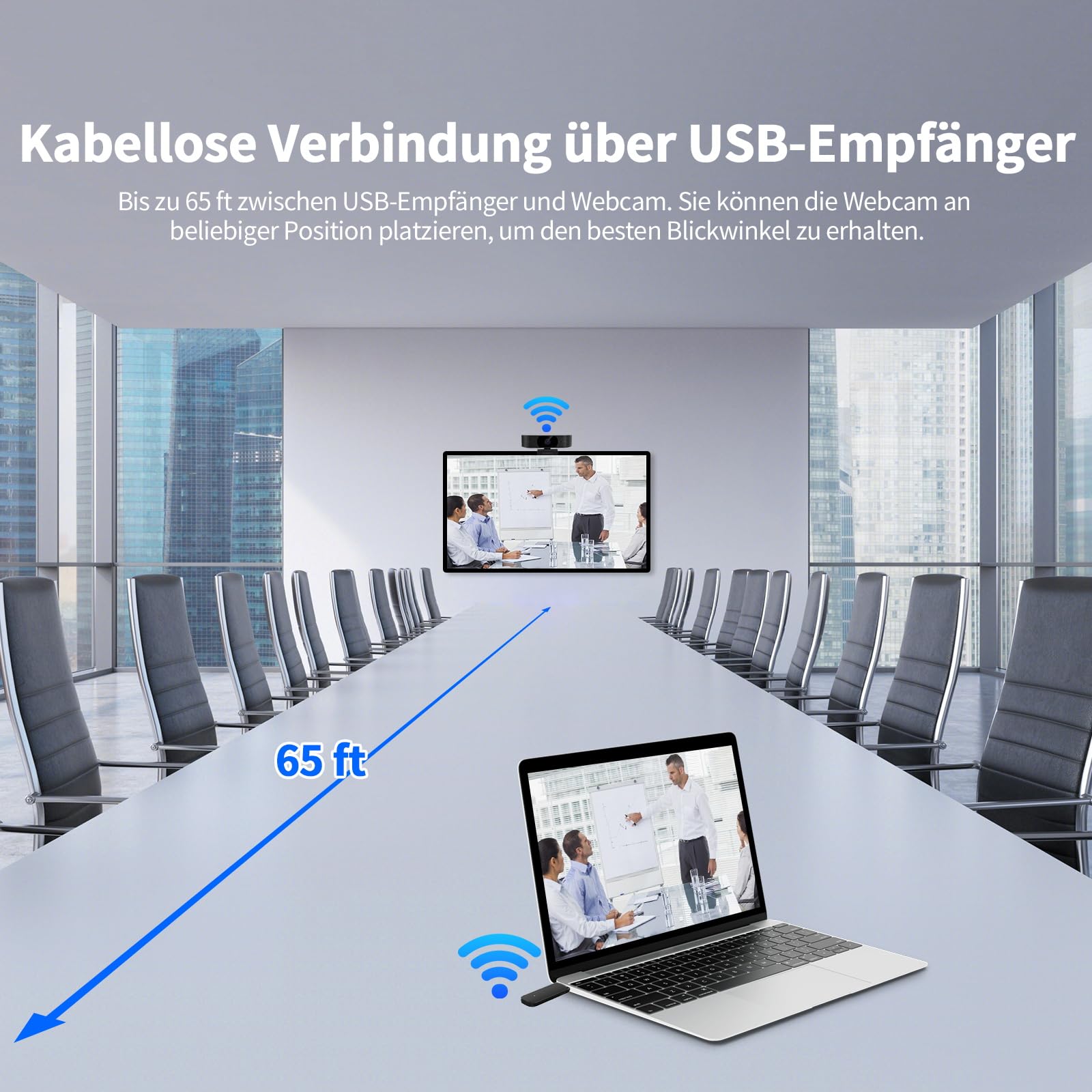 1080P Wireless Webcam für PC, Webcam mit geräuschreduzierendem Mikrofon, 92°FOV, 360° Drehung, Plug and Play, kabellose Kamera für Konferenzbesprechungen (USB-Kabel Stromversorgung)