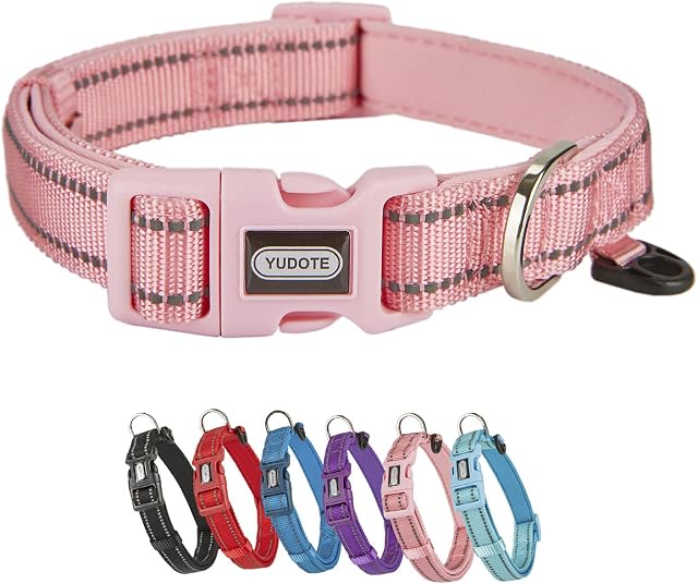 YUDOTE Dog Collar Small Strong Reflective Nylon Webbing with Soft Comfy Neoprene Padded Linning for Small Dogs Daily Use,Pink