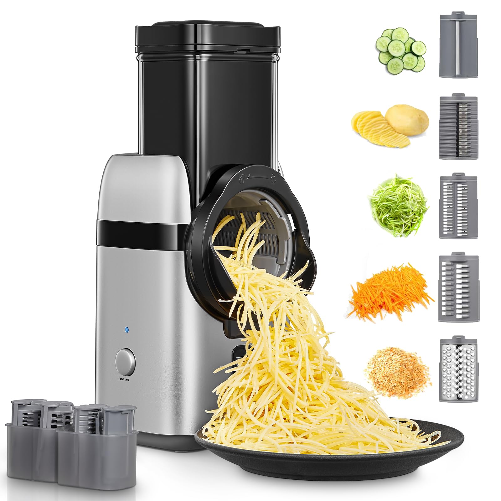 FHRKA Electric Cheese Grater, 6-in-1 Vegetable Shredder with Large Feed Chute, Detachable Design Multi-Functional Food Processor