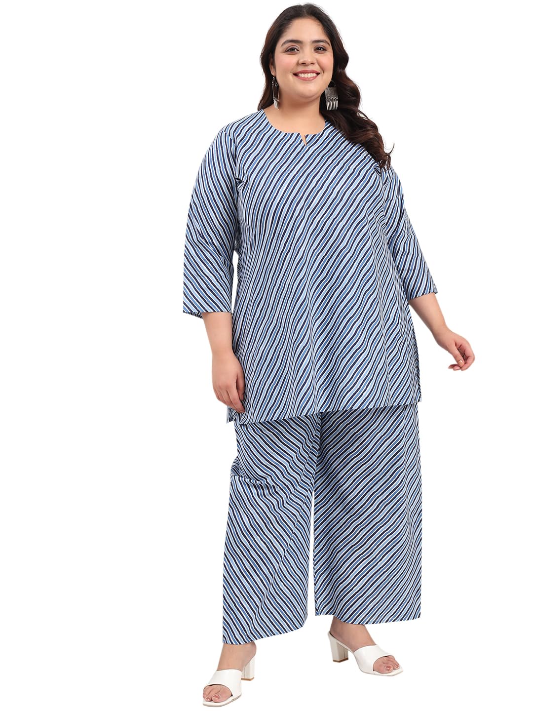 tissu plus Women's Pure Cotton Blue Striped Tunic with Palazzo Co-ord Set-picture-38