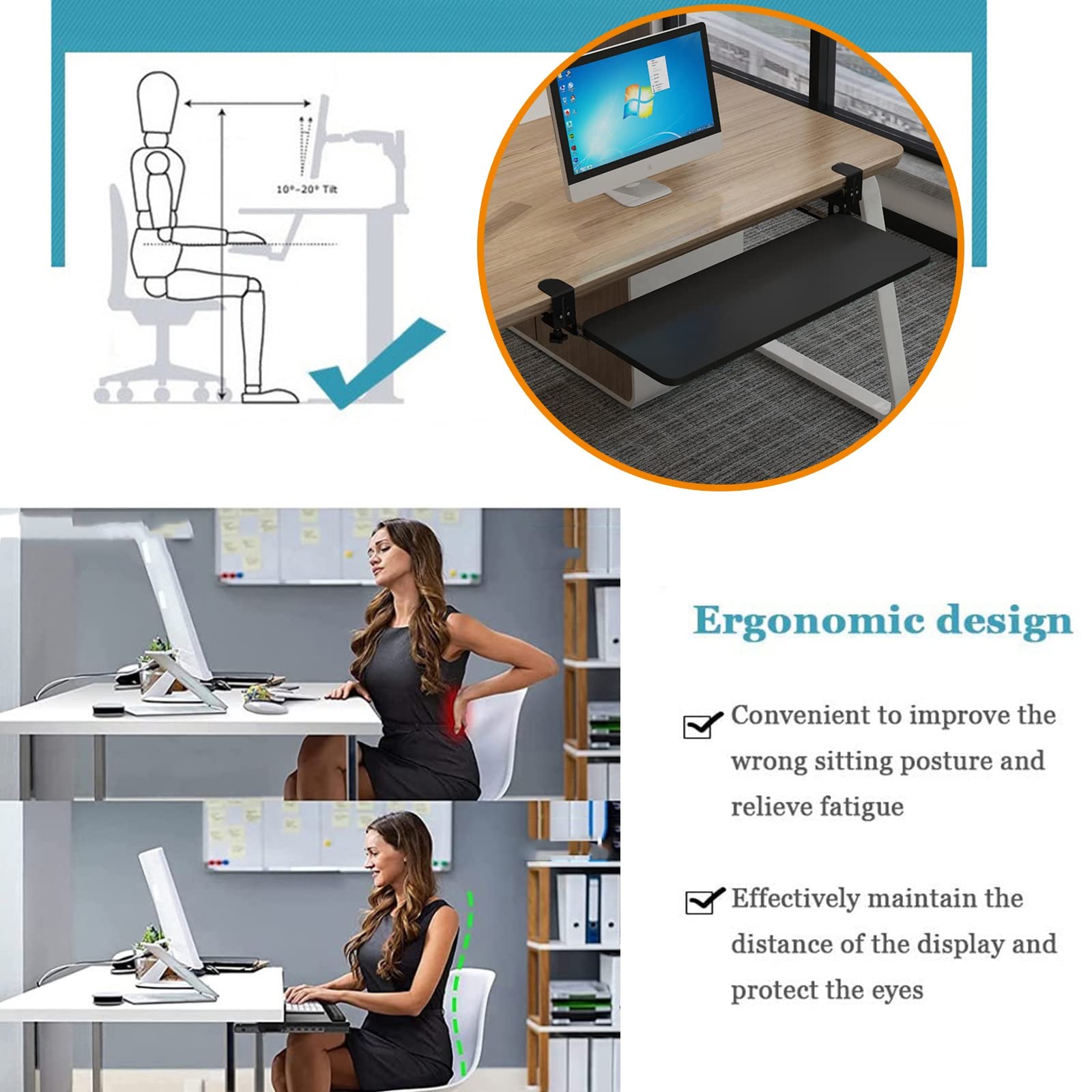 Ergonomiczna drewniana szuflada na klawiaturę z regulowaną wysokością i zaciskiem na podkładce pod klawiaturę, na biurko, 4 kolory, idealna do domu, biura, szkoły, pisania, gier, wykończenie orzechowe