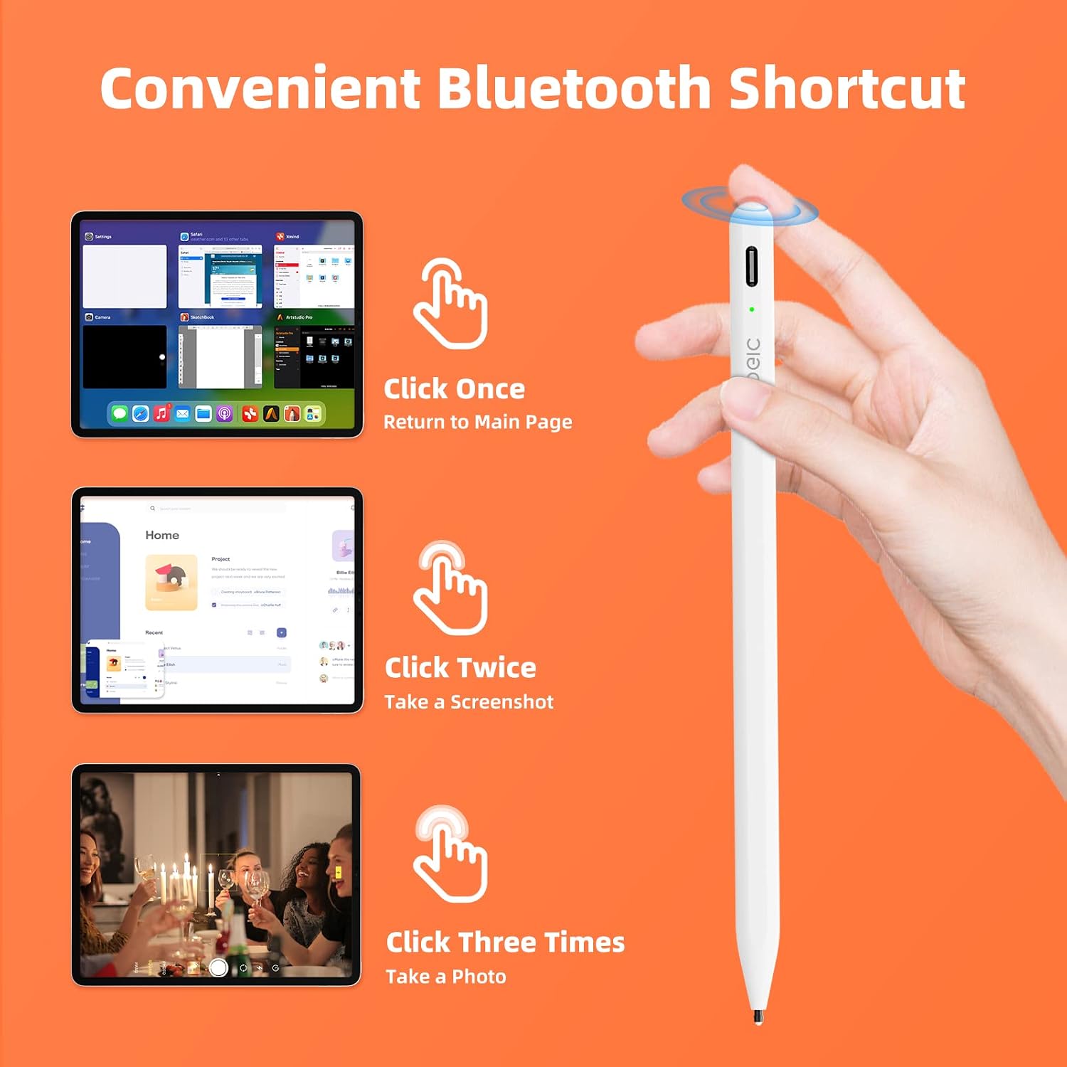 Uogic Stylus for iPad, iPad Pen with Bluetooth Shortcut, Battery Level Display, Palm Rejection, iPad Pencil Compatible with iPad Pro 11/12.9" 2018-2022, iPad 6/7/8/9, iPad Mini 5/6, iPad Air 3/4/5