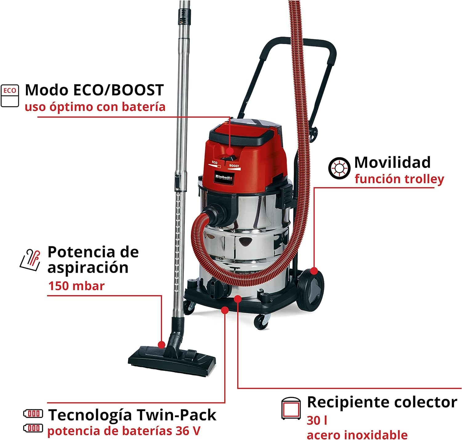 Einhell Aspirador en seco y húmedo con batería TE-VC 36/30 Li-Solo | PXC | 36 V | depósito 30 l | 150 mbar | 2 modos aspiración | manguera aspiración de 2,5 m | filtro y boquillas | Sin batería
