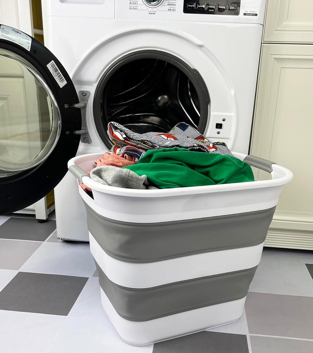 SAMMART 40L (10.5 Gallon) Collapsible Plastic Laundry Basket - Foldable Pop Up Storage Container/Organizer - Portable Laundry Hamper - Space Saving Washing Tub (1, White/Grey)