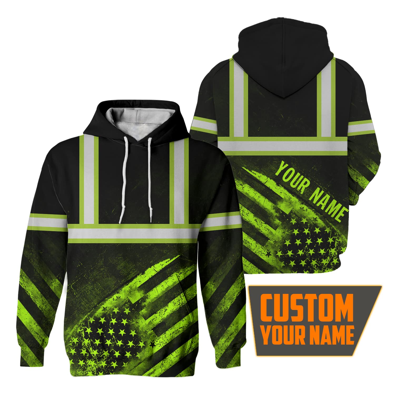 HiVis Custom Safety Hoodie Green US Flag Customize Name High Visibility Hoodie for Men Reflective Hoodie Hi Vis Construction Workwear for Runners, Walkers, Trucker, Operator, Patriotic-S 2
