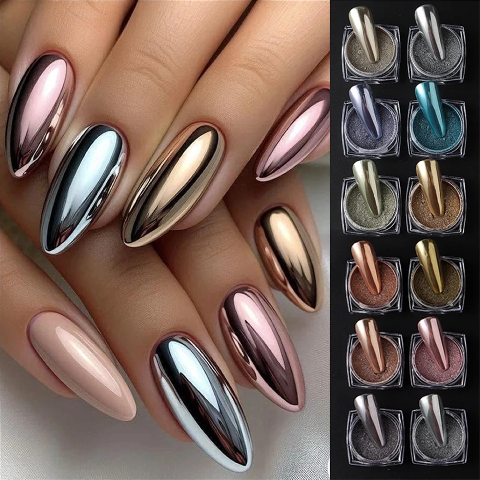 Polvo cromado para uñas 6/12 Uds oro plata rosa polvo de uñas cromo espejo metálico de lujo brillo frotar pigmento polvo hermosa decoración artística para Manicura(F-208-(01-02))