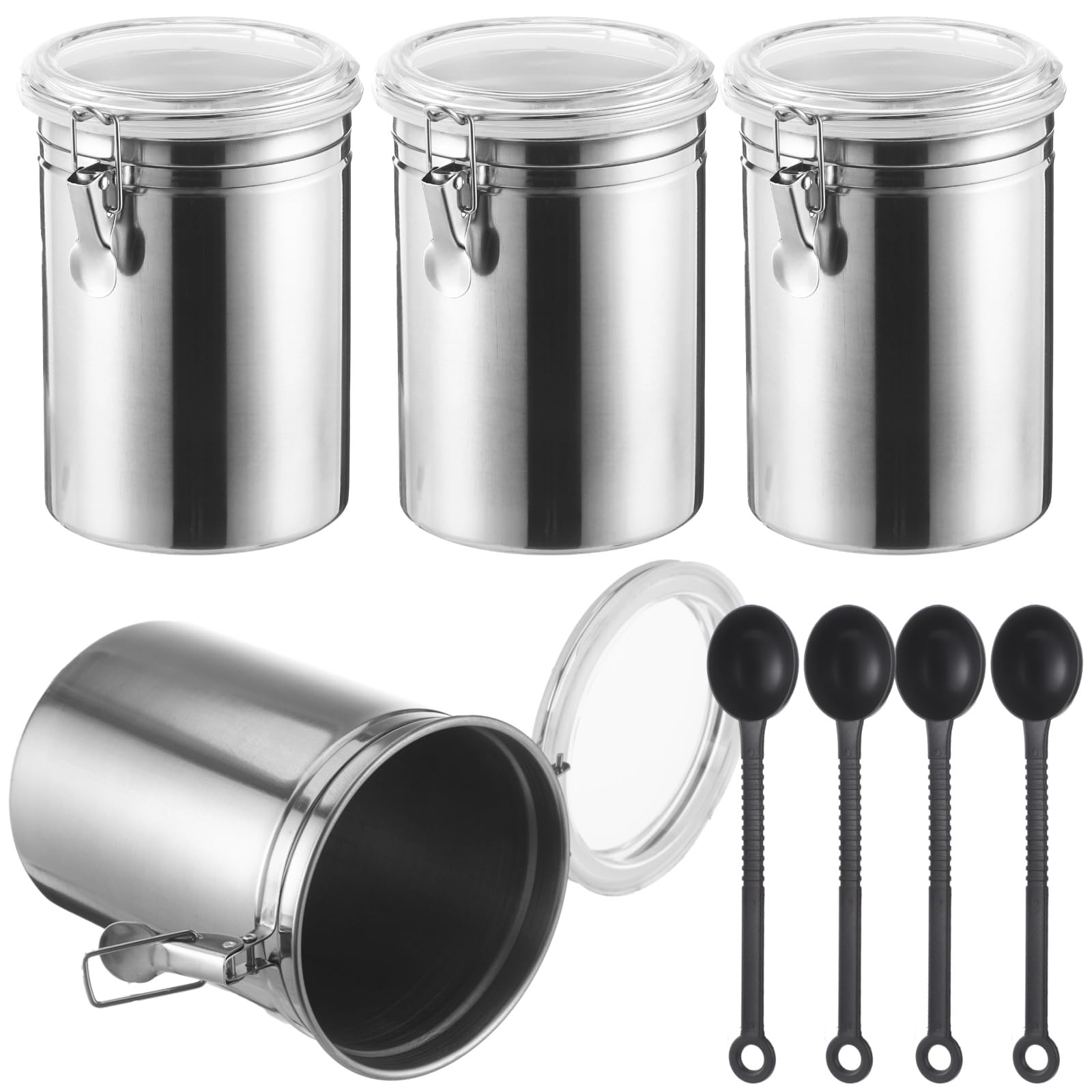 4 Stk. Edelstahl Vorratsdosen Set mit Löffeln, Kaffee Aufbewahrungsbehälter mit luftdichten Deckeln und Verschlussclips, 4,9 x 7,1 in für Bohnen, Zucker, Tee, Getreide, Mehl, Snacks