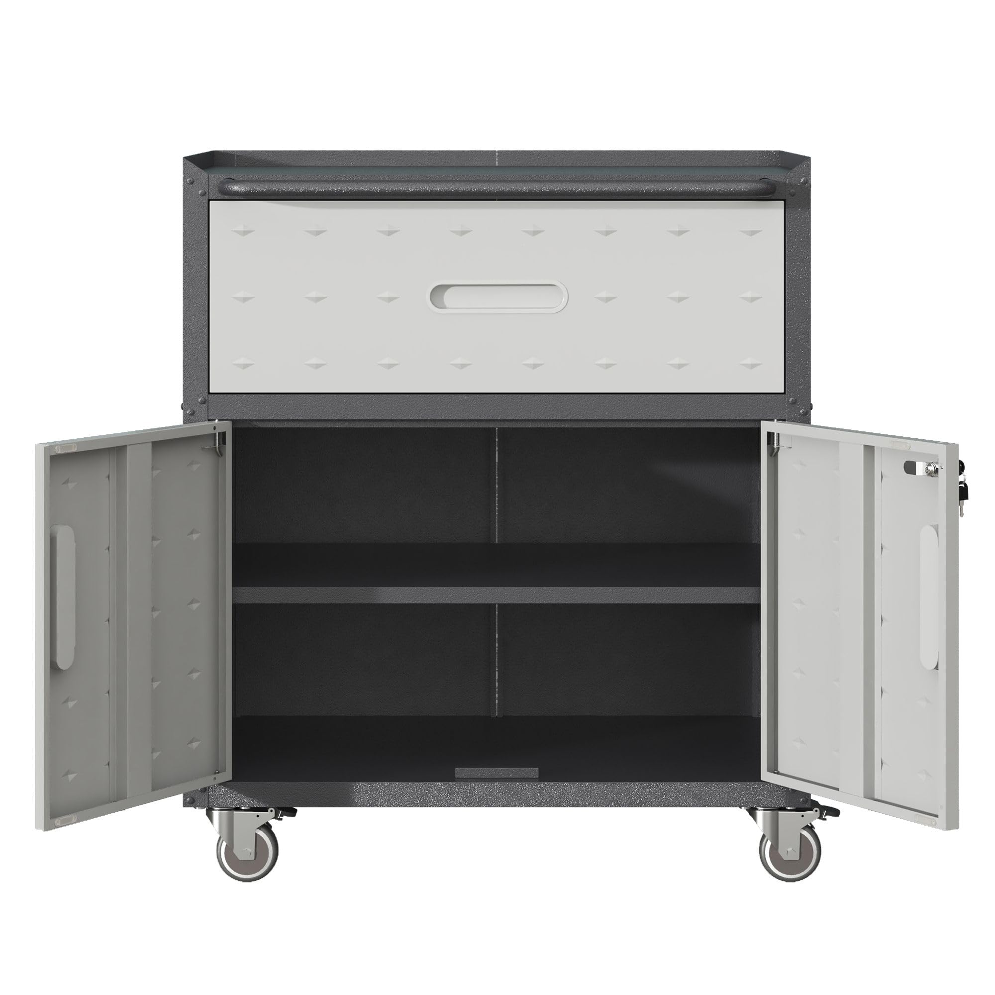 Armario de herramientas de metal resistente con ruedas con 2 puertas de bloqueo y estantes ajustables para garaje, taller, almacén, color negro y gris