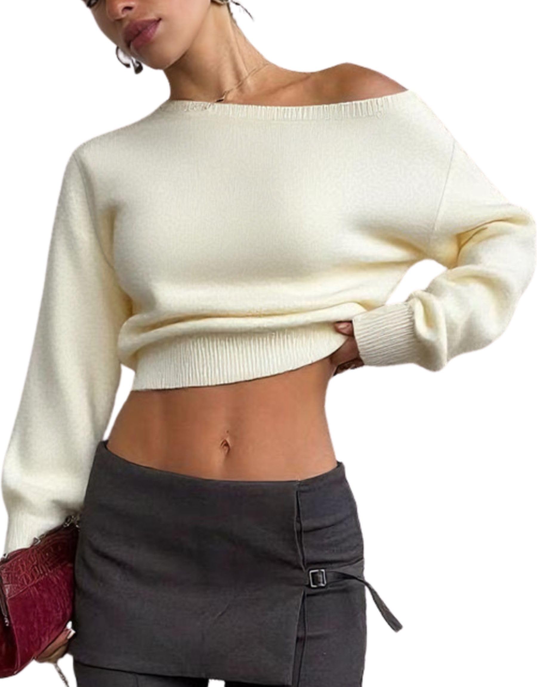 BAIMORE Womens Fashion Minimalist Slim-Fit Off-Shoulder Cropped Oversized Pullover Knit Sweater