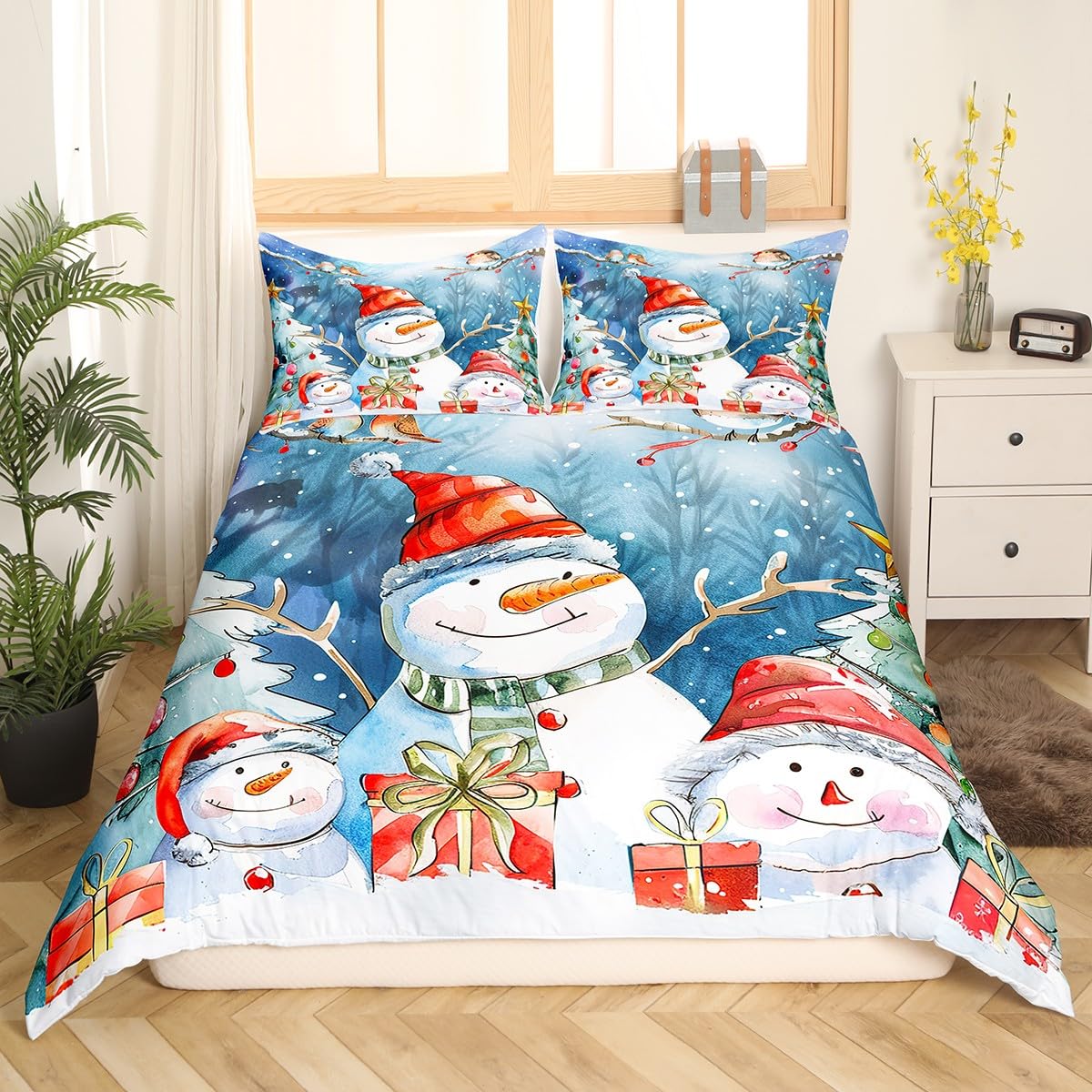 Christmas Bedding Set Snowman Duvet Cover for Kids Children Boys Girls Xmas Tree Comforter Cover Winter Snow Gift Box Bedspread Cover Festival Bedroom Decor Quilt Cover 3Pcs King Size (No Comforter)