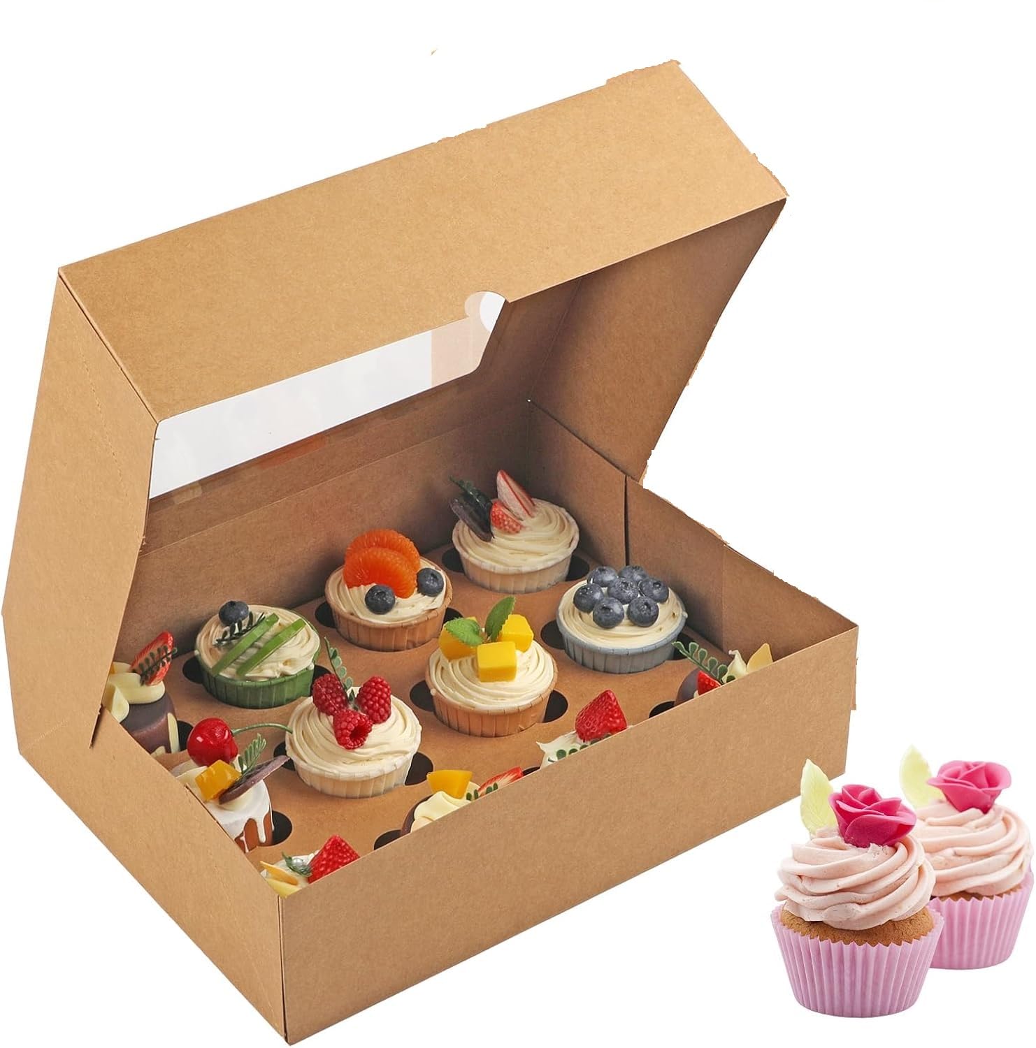 MCHERRY 12 Count Boxes, 10 Pack Cupcake Containers, Food Grade Cupcake Carrier with Window and Inserts, Carrying Holders for Cupcakes, Cookies and Desserts (Brown)