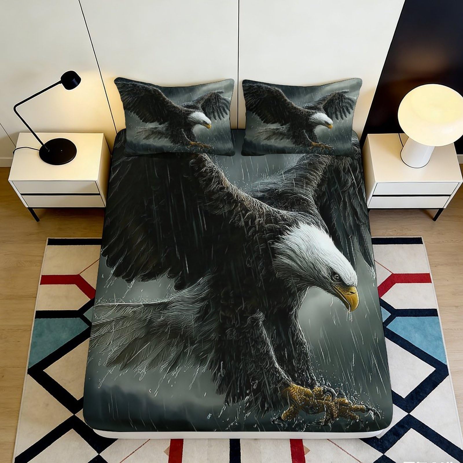Pnayamiorkfel Style-2 3D Printed Bald Eagle Fitted Sheet Microfiber Soft Dark Rainstorm Bed Cover For Bedroom Guest Room Protection Decor 90X200x25cm
