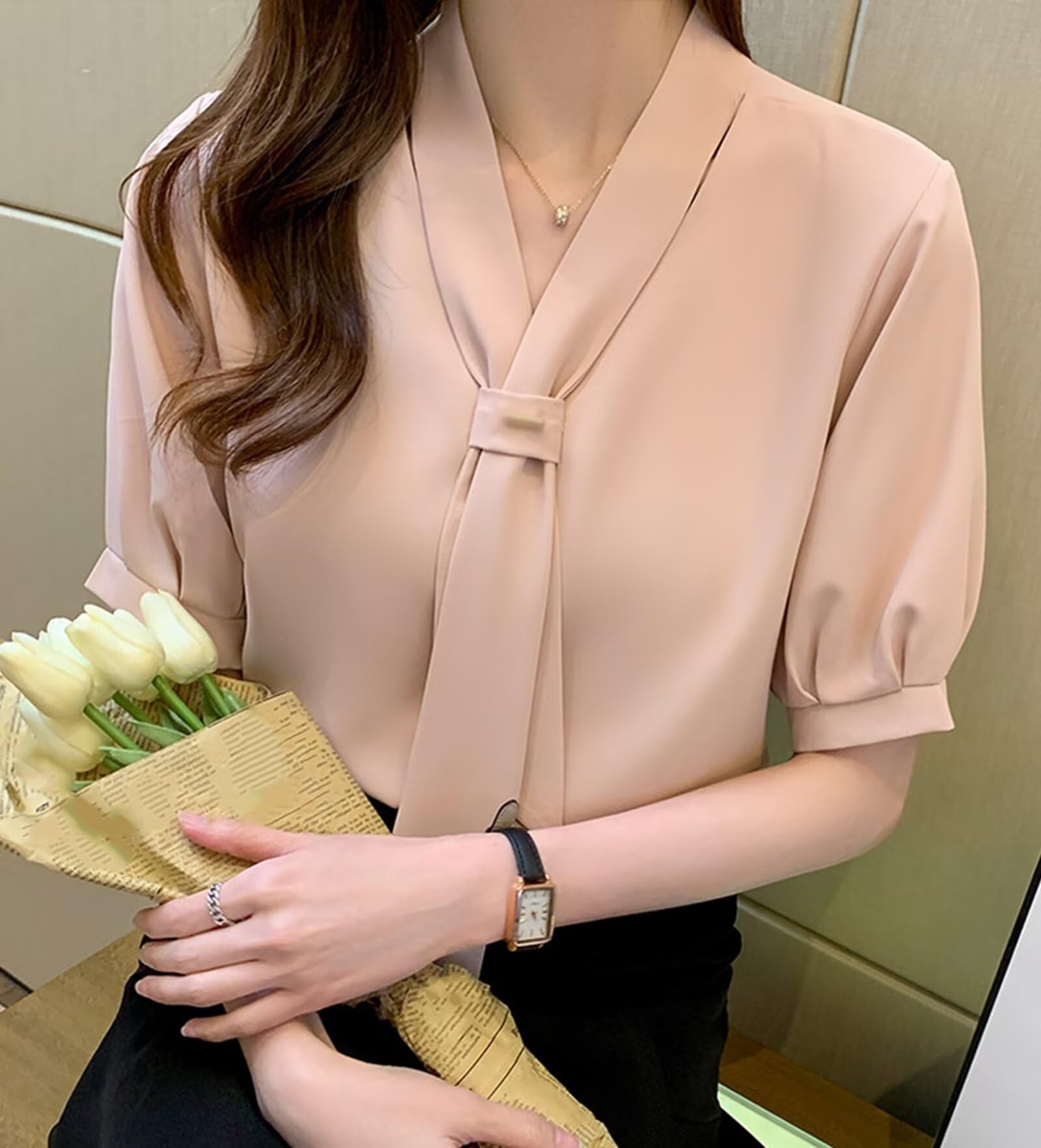 HNVAVQ Camicia Seta Donna Scollo a V Blusa Maniche Corte Elegante Estate