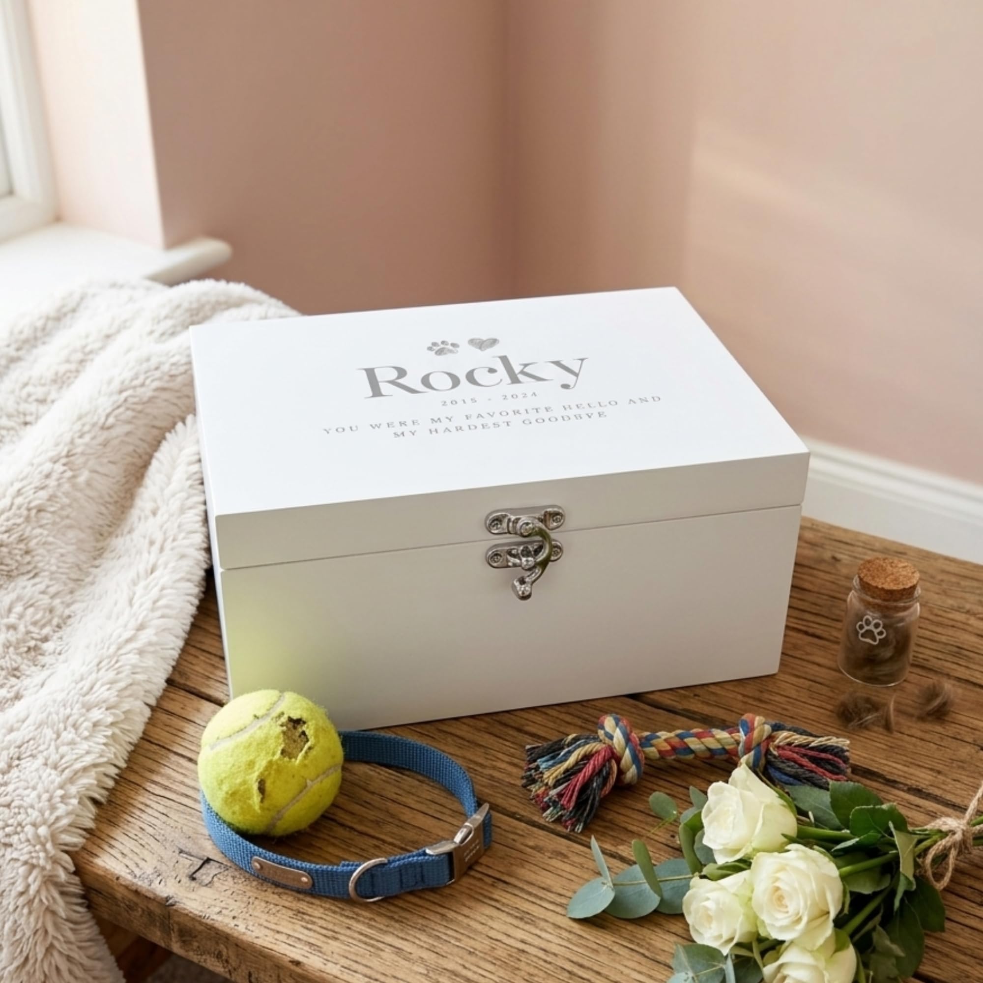 Caja de recuerdo de madera blanca personalizada para mascotas | Regalo de condolencias por la pérdida de mascotas | 27 x 19 x 14 cm